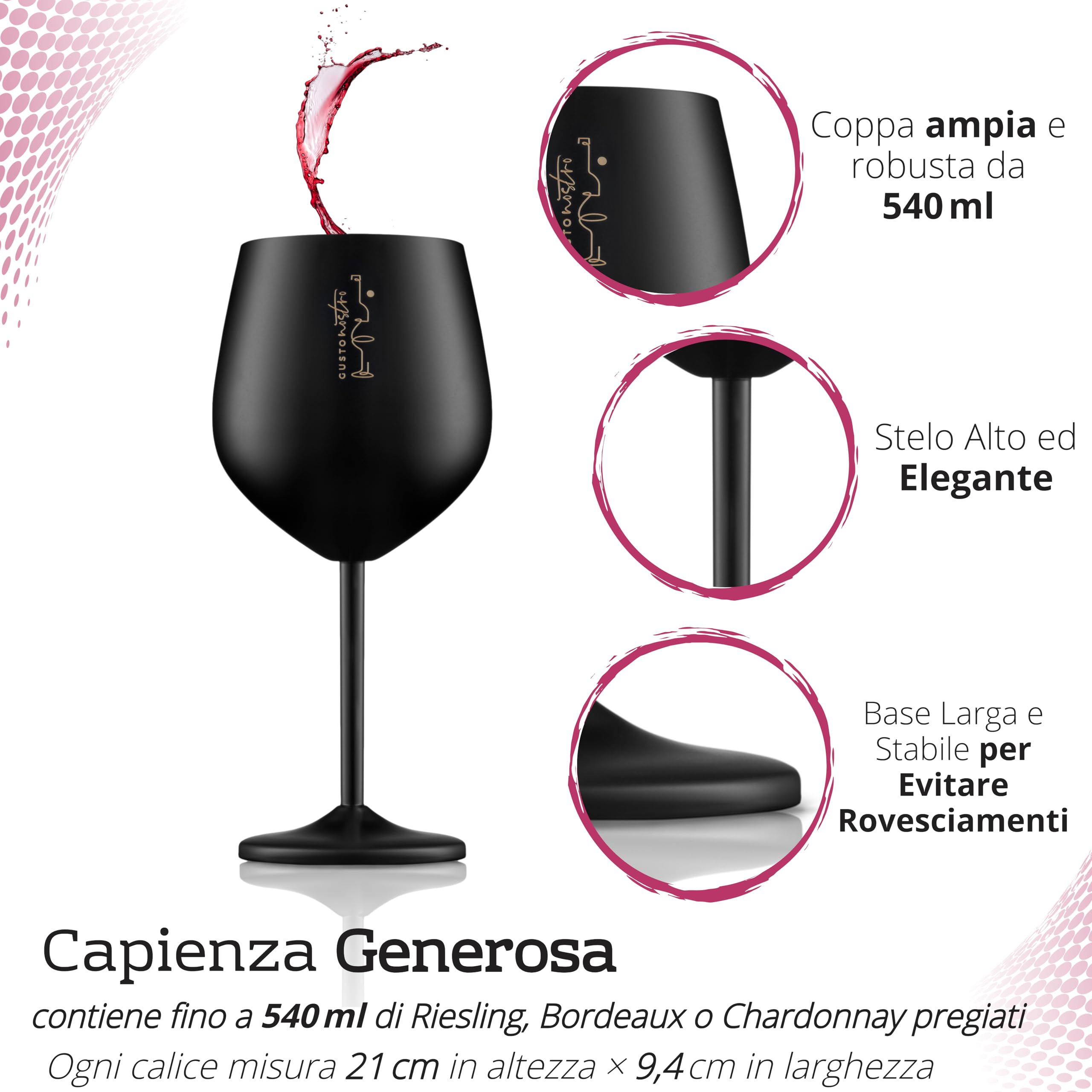 Gusto Nostro calici da vino in acciaio inox - 540 ml - neri i Infrangibili, da viaggio,per camping e piscina - Bicchieri da vino in metallo eleganti per eventi all’aperto,Set da 4