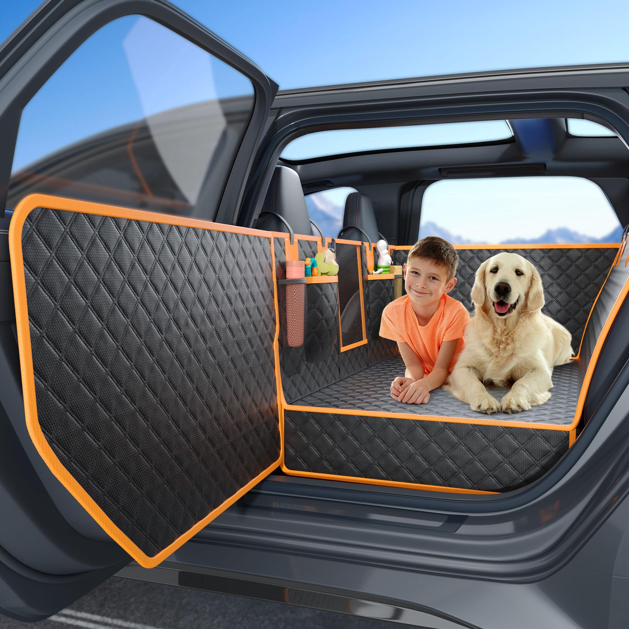 Twesync Dog Car Seat Cover for Back Seat, Hard Bottom Car Seat Cover for Dogs with Door Protectors, Waterproof Back Seat Extender for Dogs, Scratch-Resistant, Suitable for Cars
