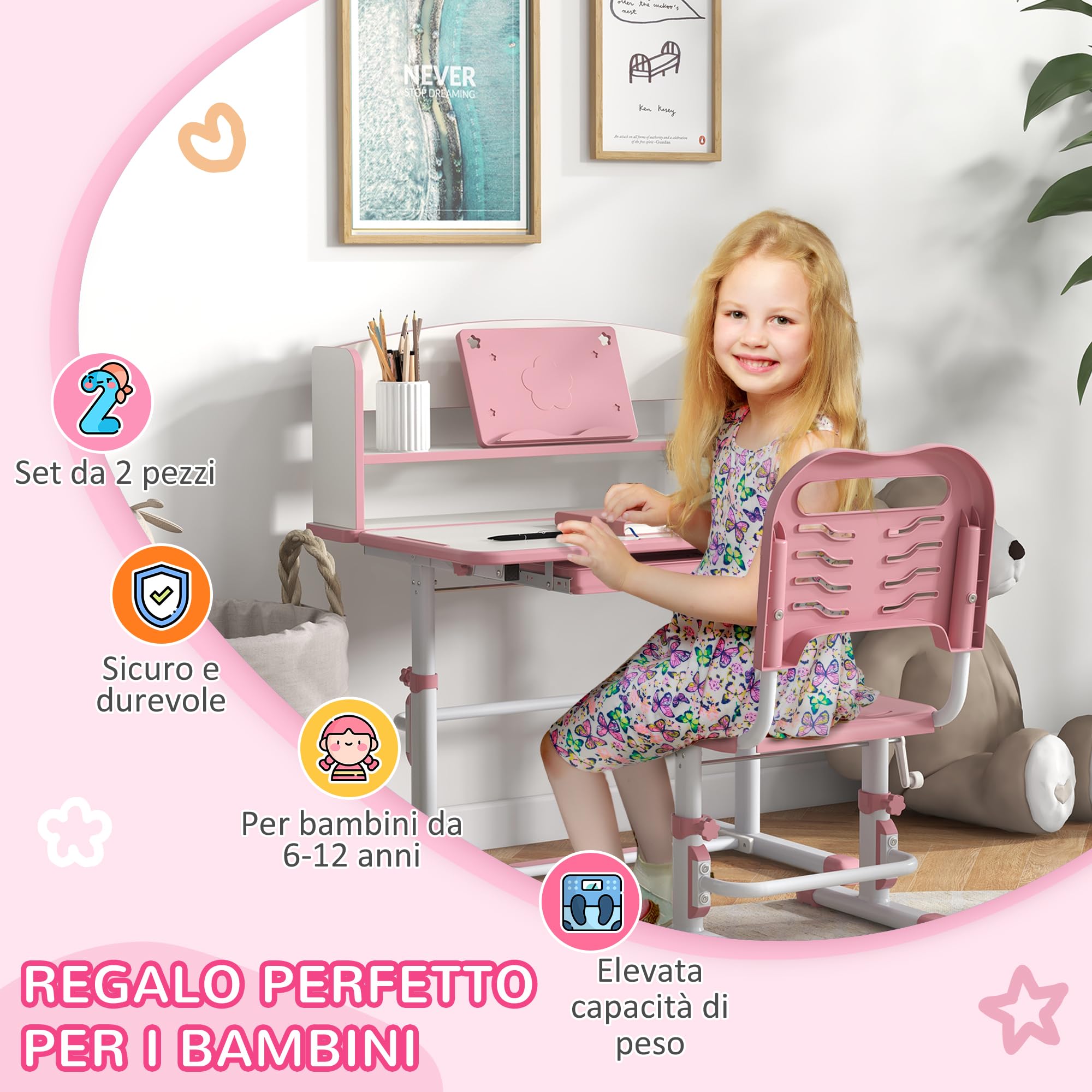 ZONEKIZ Scrivania per Bambini con Sedia, Set Banco Scuola Regolabile in Altezza con Cassetto e Piano Inclinabile, Età 6-12 Anni, Rosa