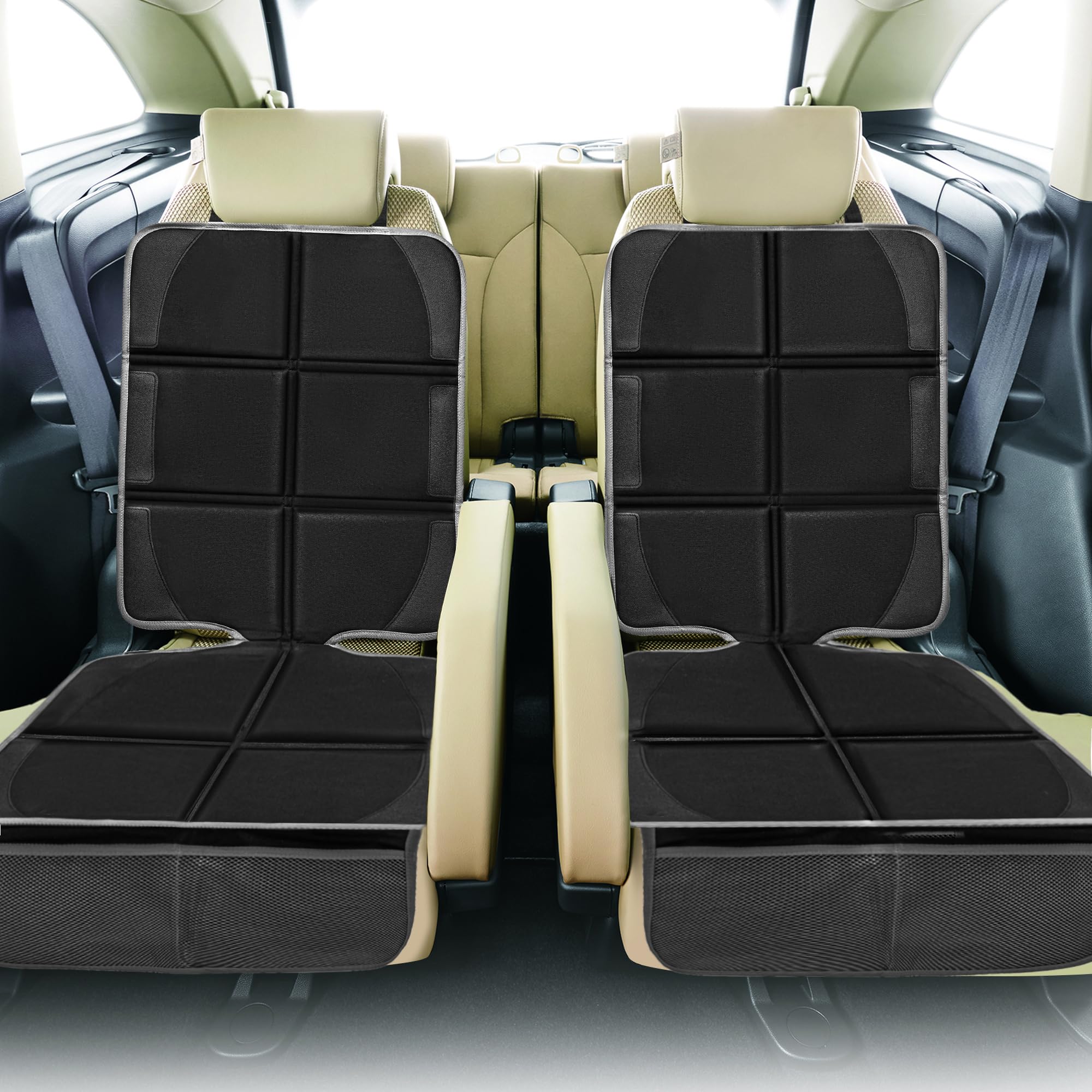 Autositzschoner für Kinderautositz, 2 Stück, Baby-Autositzbezüge mit Netztaschen und rutschfester Unterseite, 600D langlebiger Sitzschutz unter Babyautositz für Auto-Rücksitz (Schwarz & Grau,