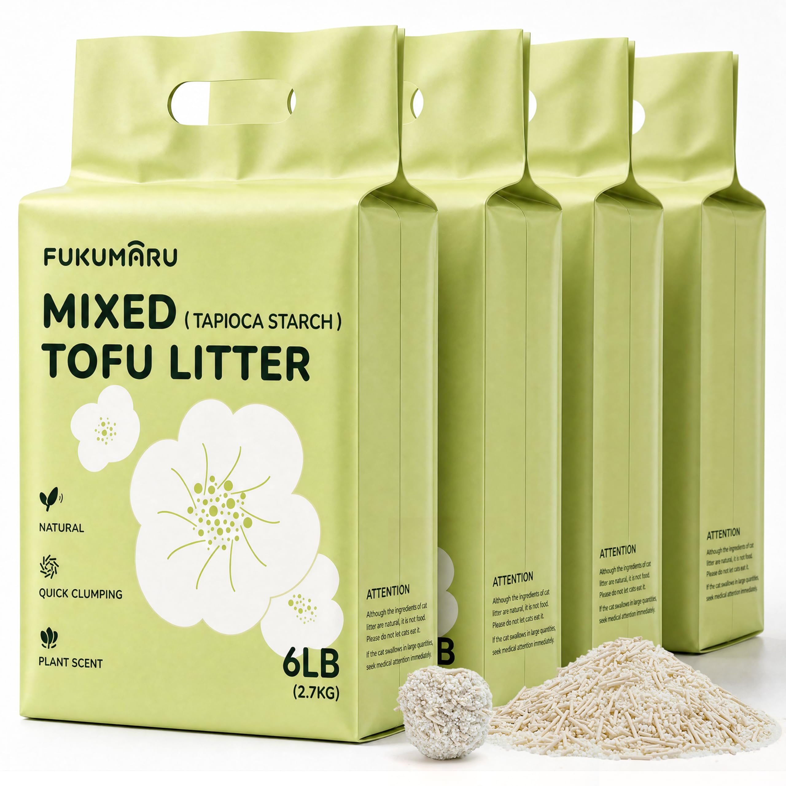 FUKUMARU Litière pour Chat Tofu, Agrégation Rapide, Contrôle des Odeurs, Parfum Gardénia, Résidus Naturels de Haricot et Amidon de Manioc, sans Poussière, Dispersion, Ultra-Absorbante, 2,7kg x 4