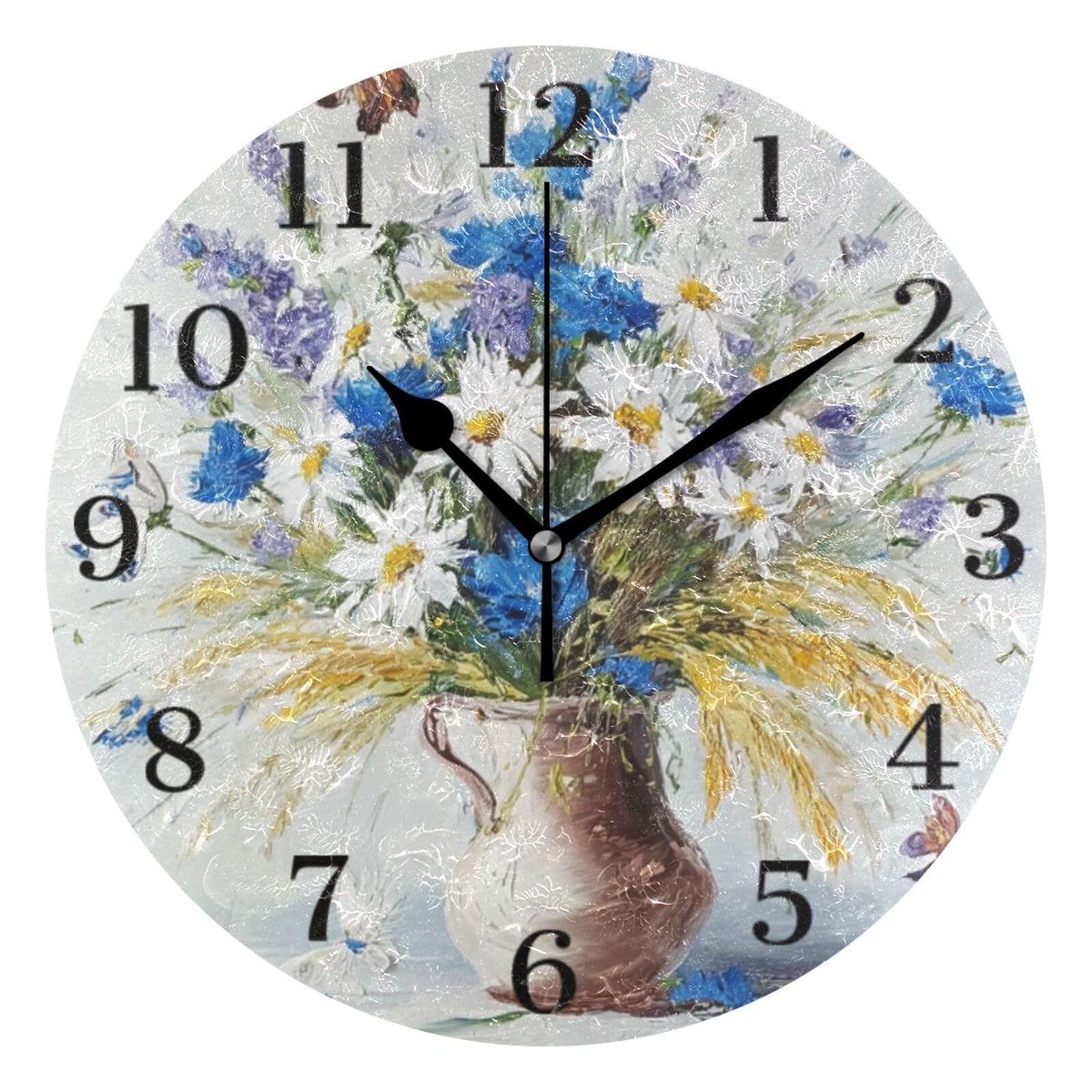 Ensound White and Blue Daisies Wall Clock Silent Non-Ticking Battery Operated Clocks 12 Inch for Kitchen Home Living Room
