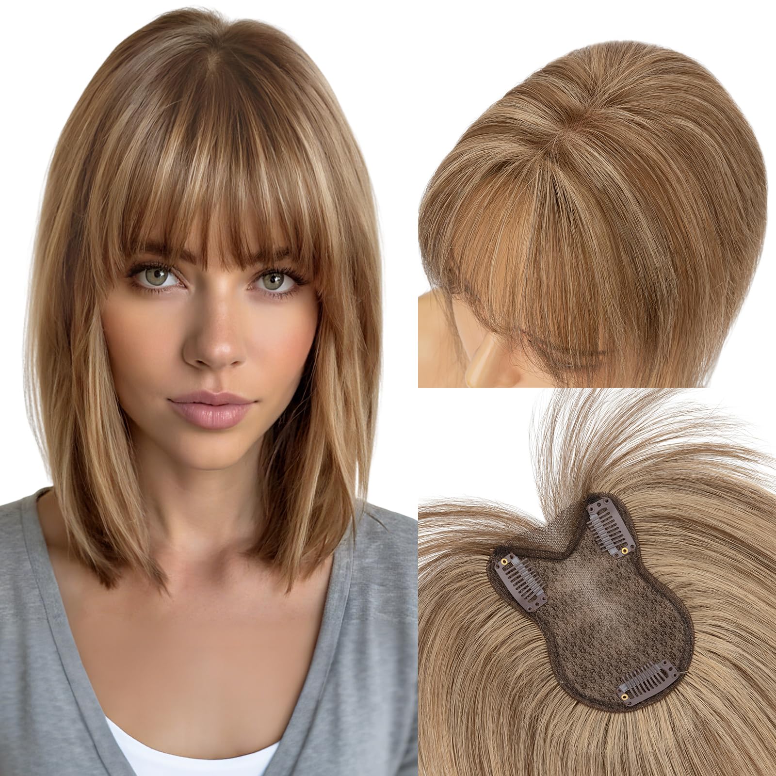 MY-LADY Human Hair Topper with Bangs Medium Brown Mix Dark Blonde Silk Base Real Hair Toppers for Thinning Hair Women 11 Inch Clip in Hairpieces #4/27