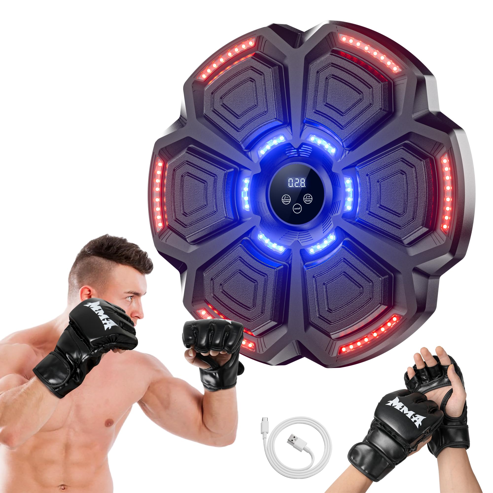 snawowo Maquina Boxeo Musical Pared - 9 Modos de Velocidad Music Boxing Machine Adulto con Guantes - Boxeador de Pared Musical con Bluetooth y Recuento Inteligente y Luces al Ritmo