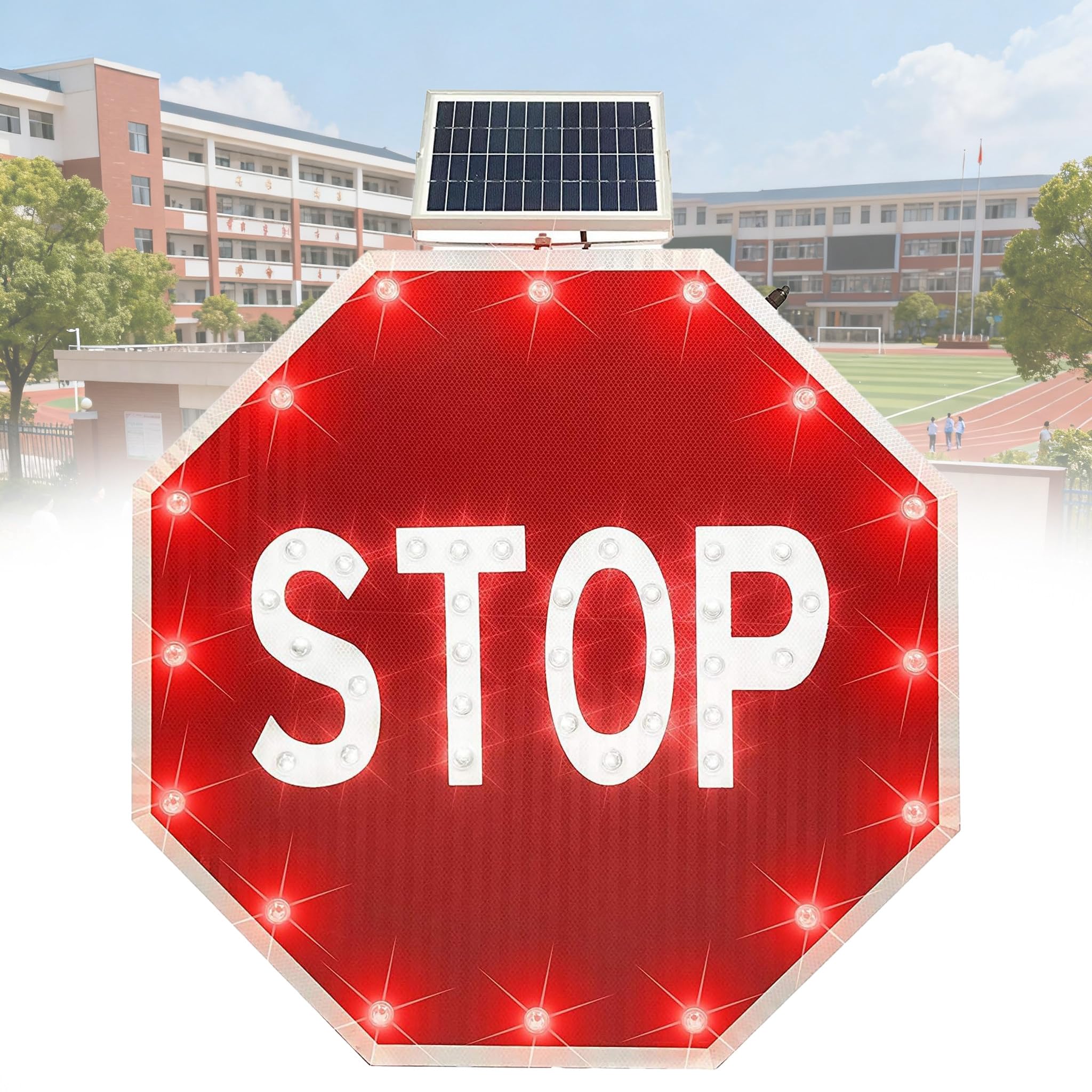 Señal de parada LED solar de 30 pulgadas, señal reflectante de advertencia de tráfico, marco de metal inoxidable para seguridad en carretera al aire libre, diseño duradero de 24 pulgadas