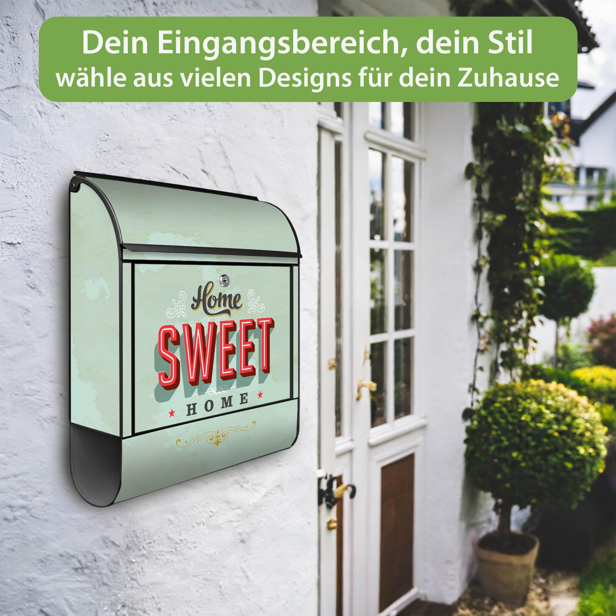 banjado Design Briefkasten 38,5x46,5x13cm & 2 Schlüssel - Briefkasten Stahl Schwarz mit Zeitungsfach pulverbeschichtet - Postkasten A4 Einwurf inkl. Montagematerial - Motiv Home Sweet Home