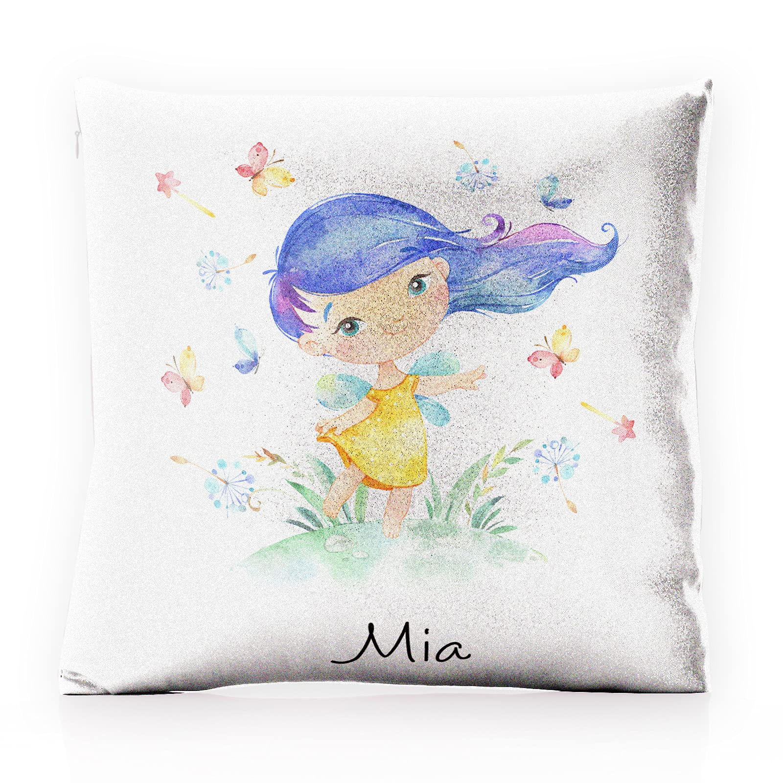 Personalised Cushion Cover with Filling Optional, Pink, Champagne, White Glitter Square Cushion Customised with Initial/Name/Text, Blue Hair Fairy Design Print, Fairy Pillow โ image 1