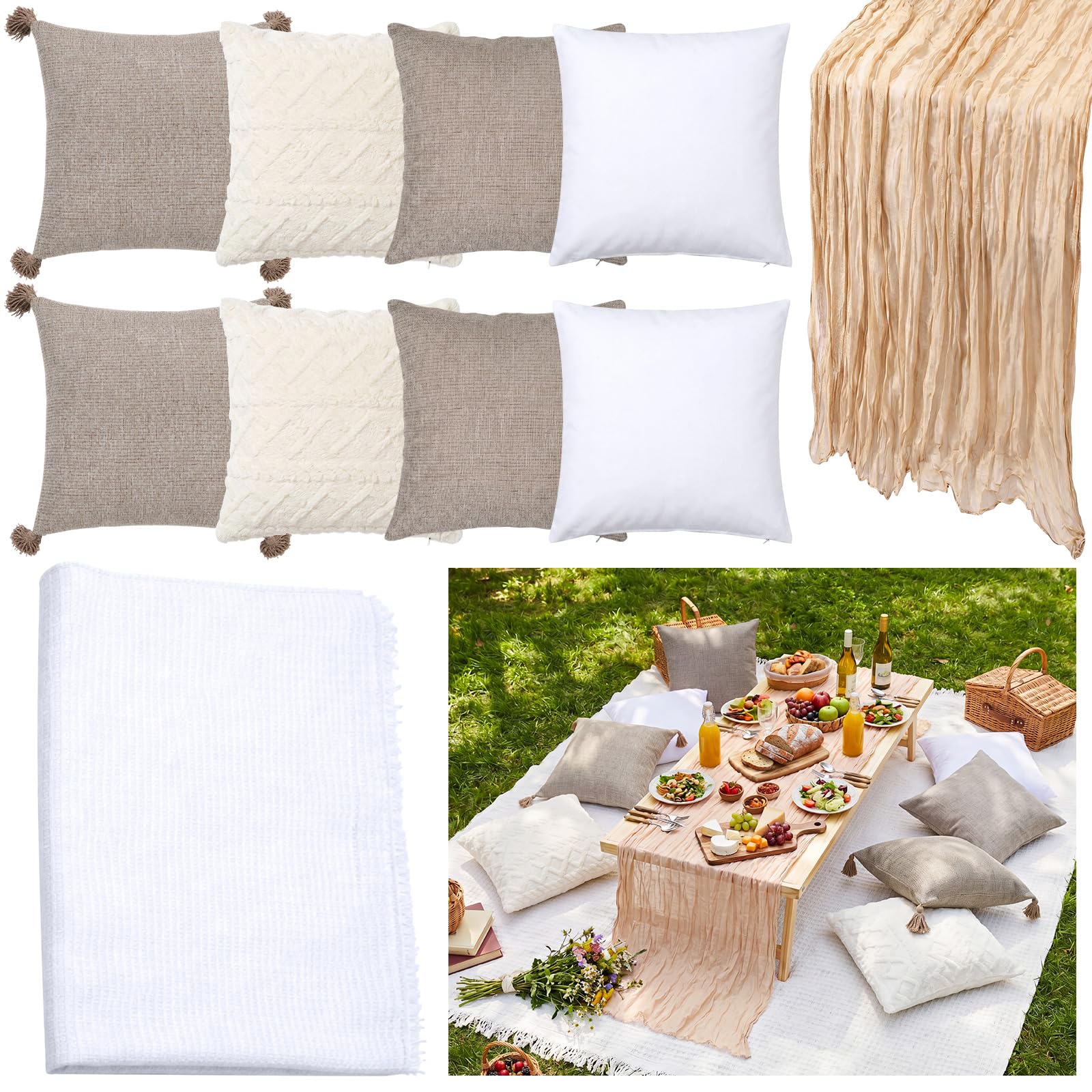 10 Pack Extra Large White Picnic Blanket Kit 70x90" Outdoor Boho, Khaki