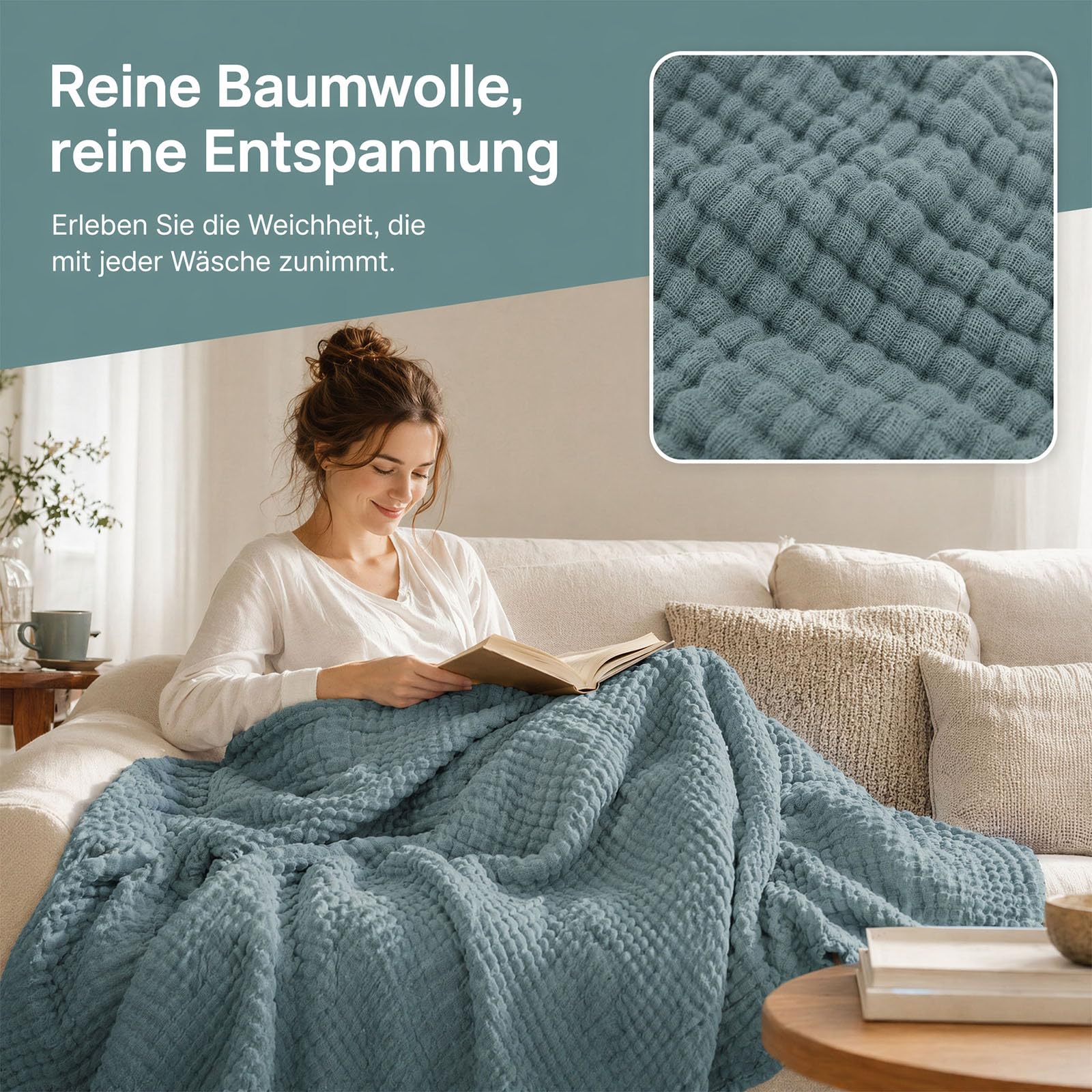 Musselin Decke 150 x 200 100% Baumwolle Leichte Sanfte Musselin-Decke für Bett Sofa Dunkelgrün