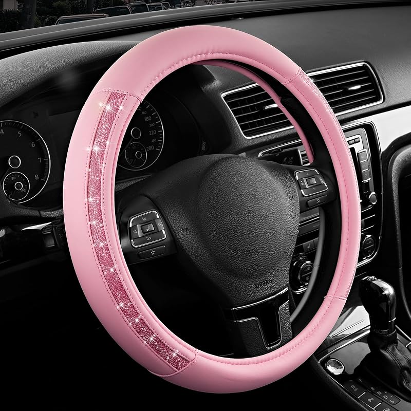 Capa para Volante em Couro com Glitter e Strass, Compatibilidade Ampla para Volantes de 36,8 a 39,4 cm, Road Comforts, Pink&Hotpink Glitter