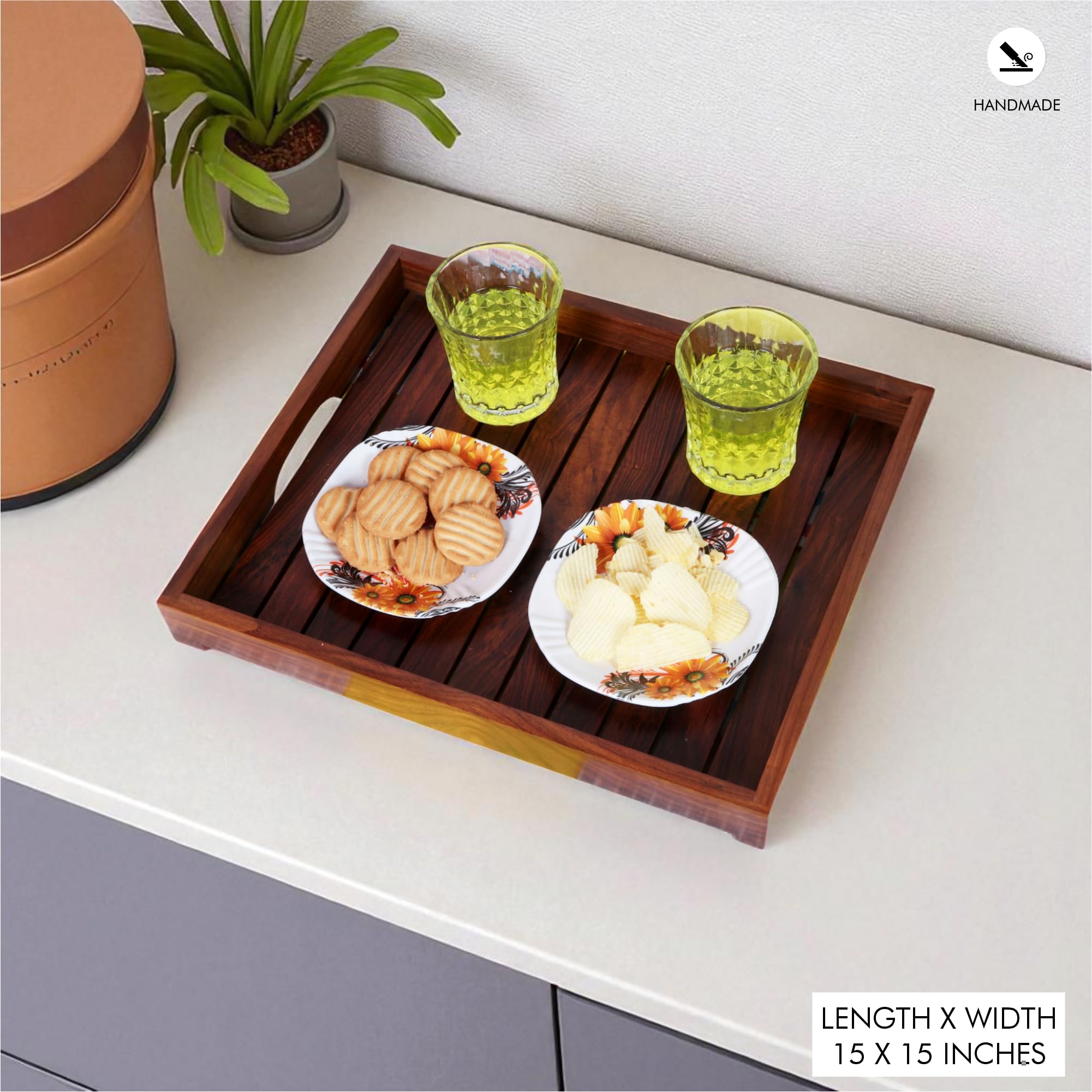 Sheesham Vassoio da portata in legno per tavolo da pranzo rettangolare vassoio per colazione caffè vassoio da portata decorazione da tavolo, regali, confezione da 1 vassoio grande