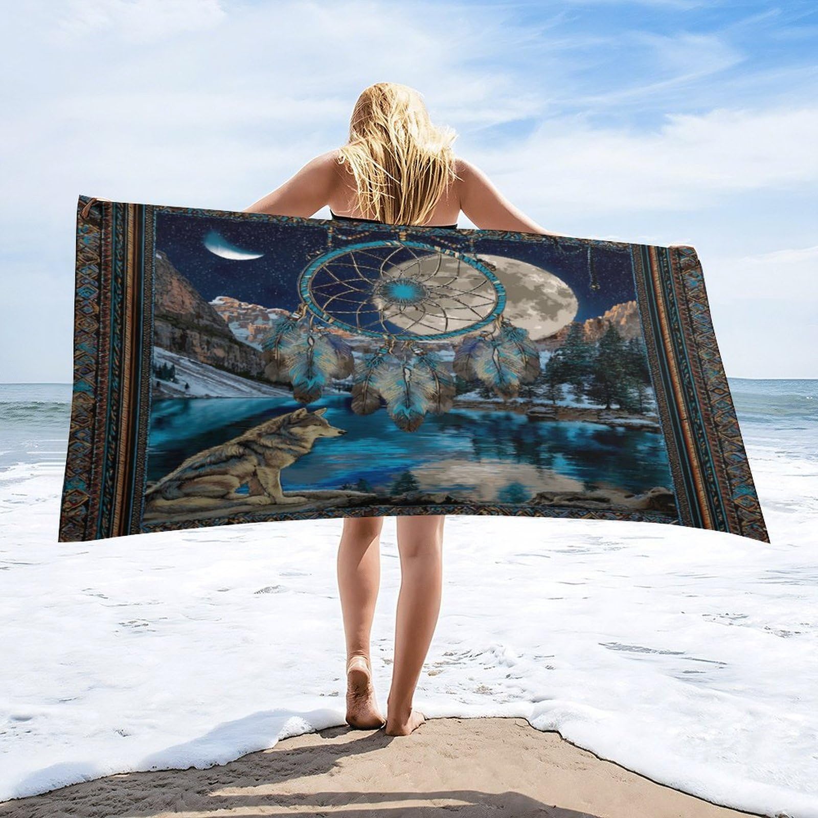 Luyysky Vintage Natural Dreamcatcher Absorbent Beach Towel, Retro Watercolor Full Moon Mountain Lake Landscape Animal Wolf Outdoor Single-Sided Velvet Beach Towel-80 W Cm X 160" L Cm