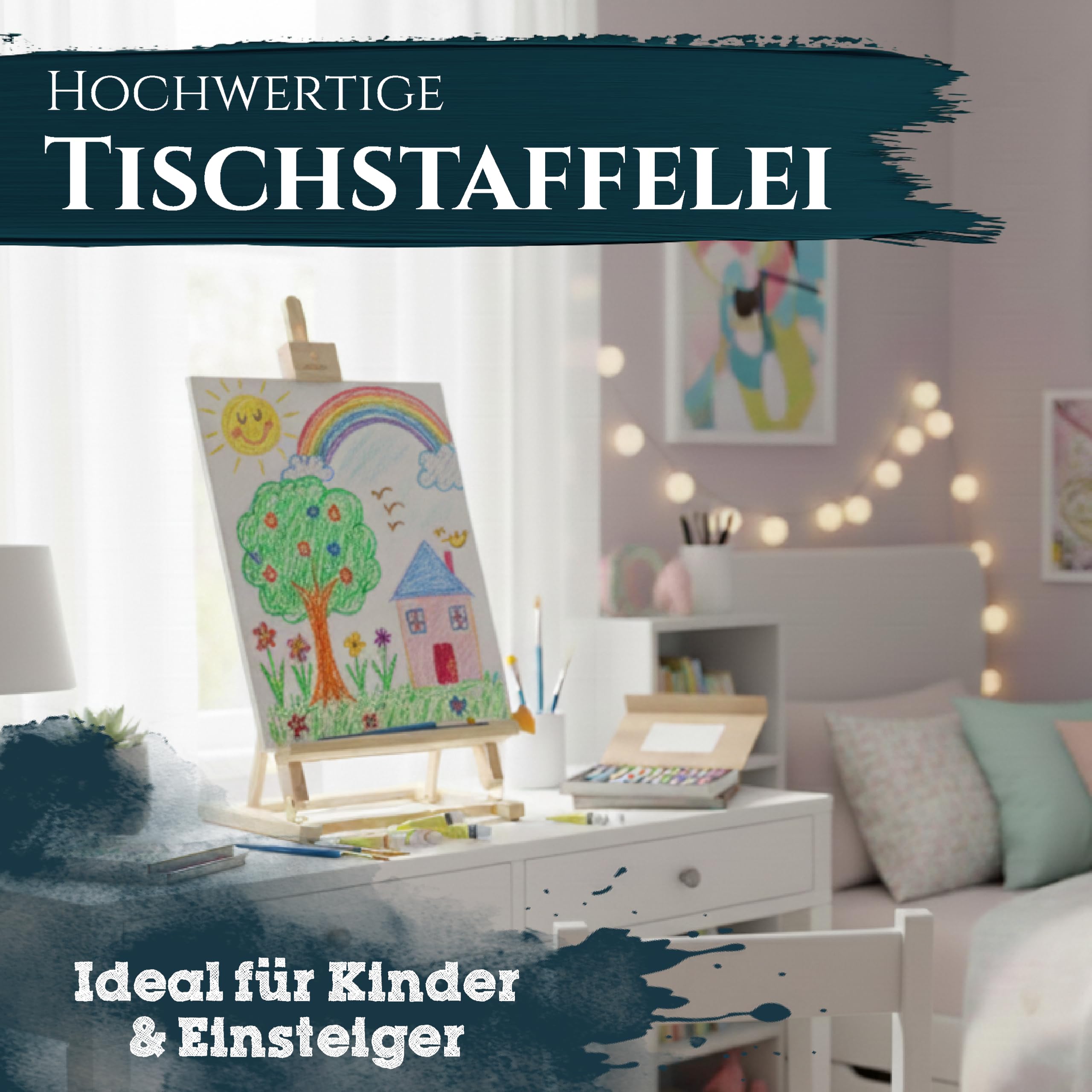 Artina Tischstaffelei Kinder für Leinwände bis 45 cm Sydney – Leinwand Staffelei Holz Sitzstaffelei 27 x 27 x 60 cm Stabile Malstaffelei – Neigungswinkel verstellbar alle Maltechniken geeignet