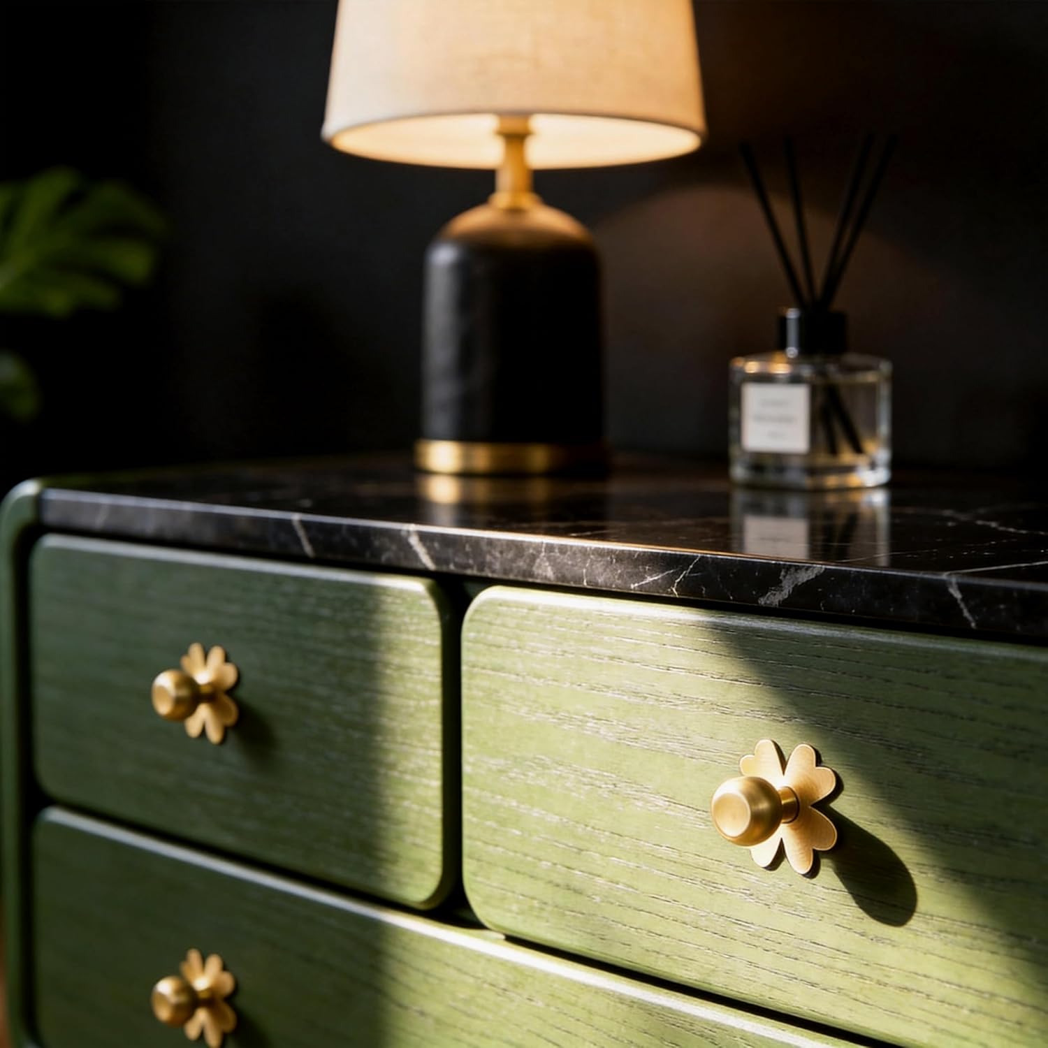 4-Pack Solid Brass Gold Cabinet Knobs, Modern Four Leaf Clover Dresser Handles for Brushed Brass Kitchen Pulls and Vanity Cabinet Hardware with Base Backplate