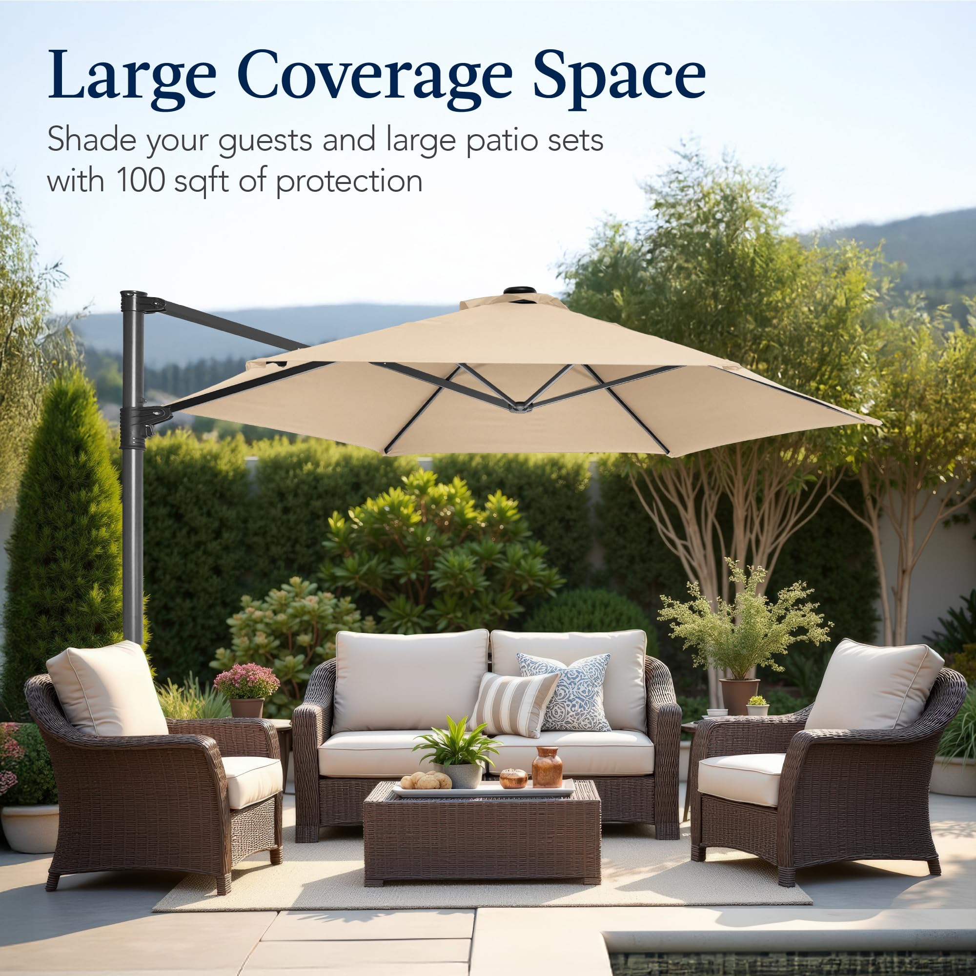 Best Choice Products 10ft Offset Cantilever Hanging Market Patio Umbrella, Smooth 360° Rotation, 8 Sturdy Ribs, Easy Adjustment