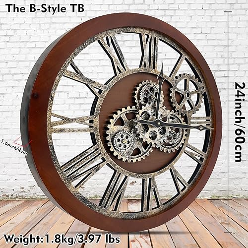 Miniatura 2 de El Reloj de Pared Grande B-Style de 24 pulgadas, Reloj de Pared con Engranaje Móvil de Tamaño Extra Grande Vintage Estilo Granja, Relojes de Pared