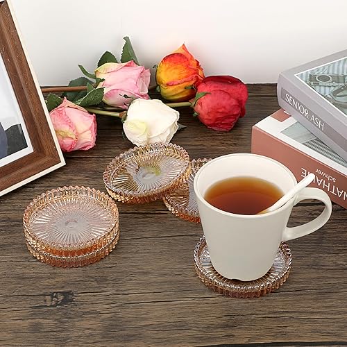 Miniatura 4 de JUXYES Paquete de 5 posavasos redondos de cristal en tono ámbar, posavasos de vidrio para bebidas, café, té, vino, posavasos decorativos para