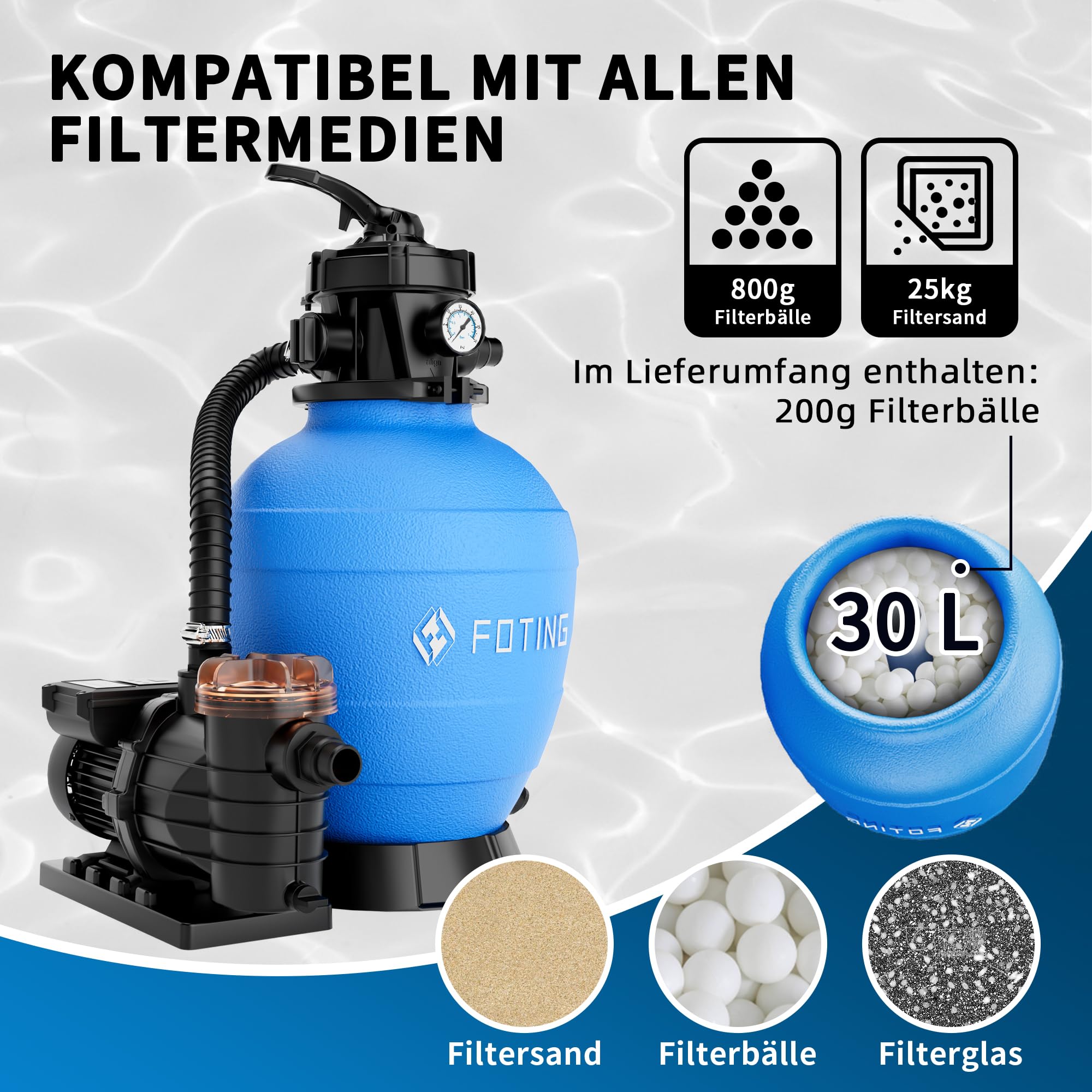 FOTING Depuradora de Arena con Temporizador 24 h – 14.000 L/h, Filtro de Piscina con Bomba, Válvula de 7 Vías con Manómetro, Adaptador Ø32-38 mm, 200 g de Bolas Filtrantes Incluidas