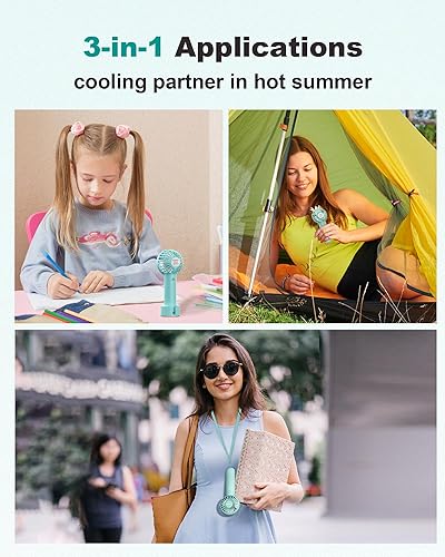 Miniatura 6 de Paquete de 2 ventiladores de mano rosa y azul, diseño pequeño y lindo, 3 velocidades potentes, funciona con USBbatería recargable, ventilador