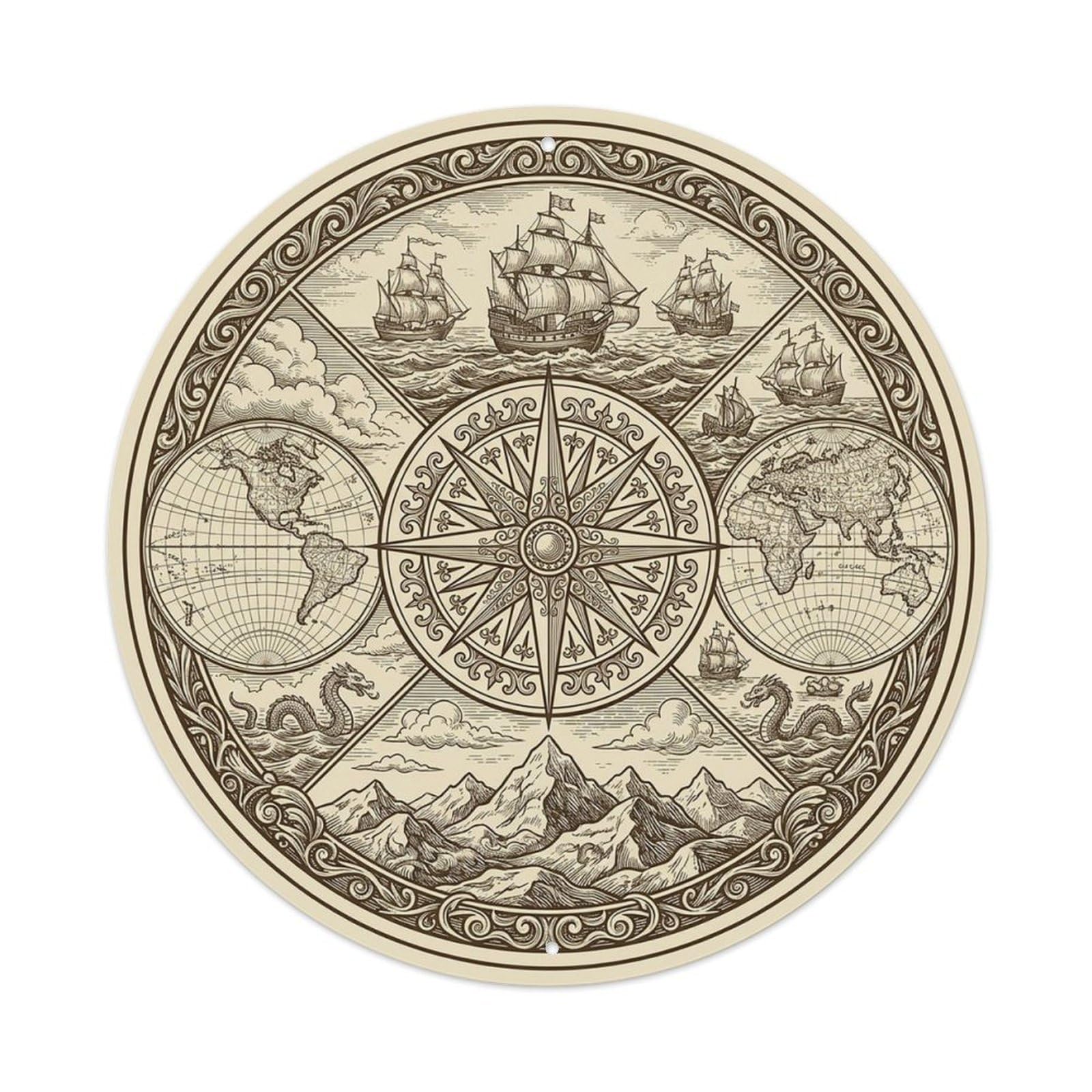 Vintage Nautical Compass World Map Leeward Legacy Metal Tin Sign