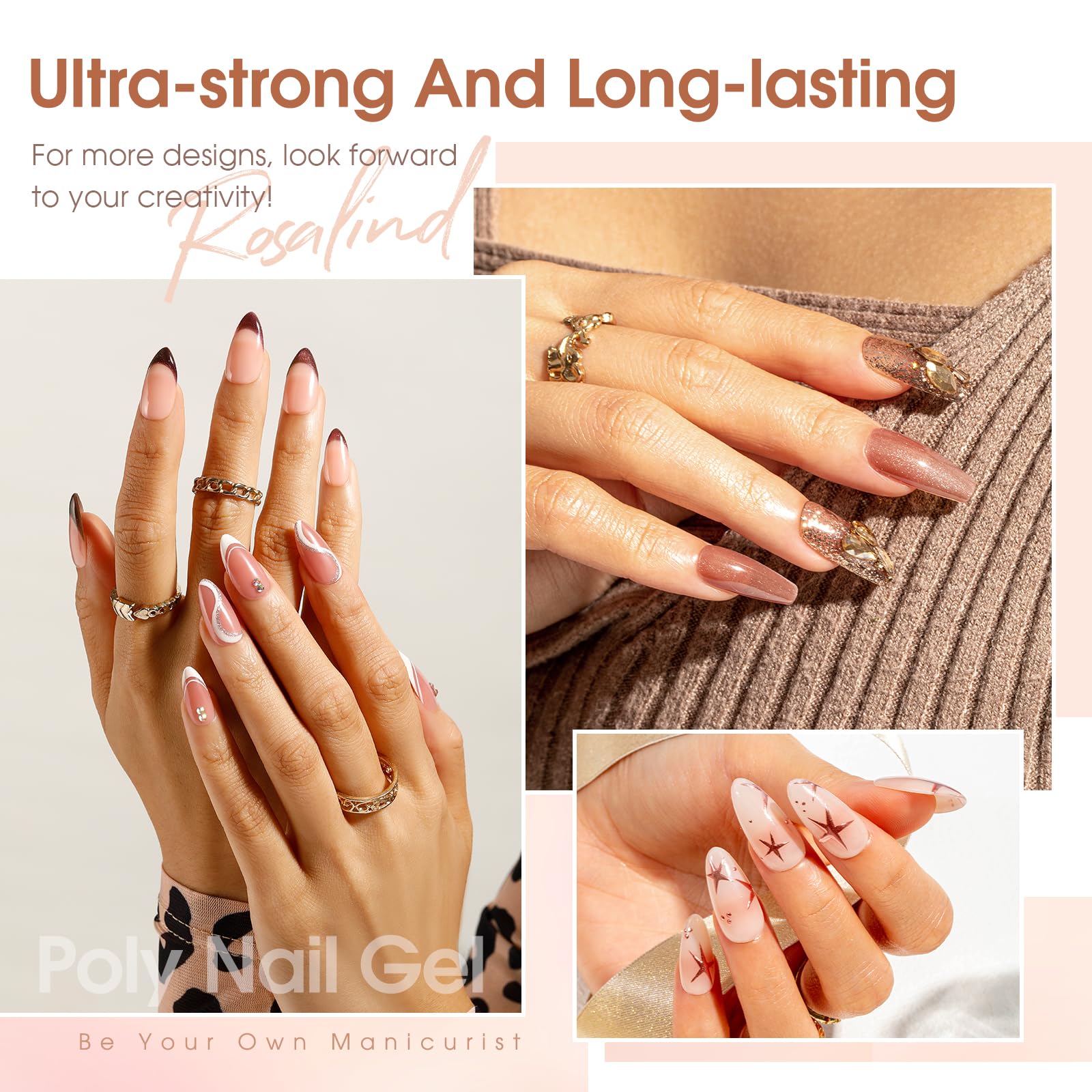 ROSALIND Poly Extension d'ongles en Gel Complet Kit, 8 Couleurs 10ml Poly Nail Gel Kit Avec 48W UV Lampe et Base&Top Coat, Nail Art DIY Kit Ongle Gel Complet pour Débutant, Professionnel et Salon