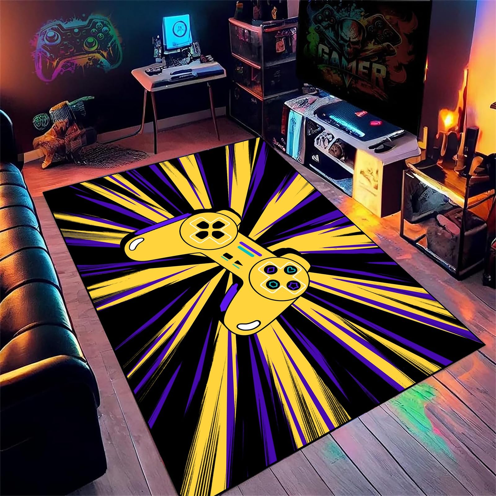 AOESELN Boys Gamepad Area Rug,180x260cm Gamerkids Rug,Yellow Purple Gaming Area Rugs,Soft and Machine Washable Gaming Room Decor Non-Slip Mat,for Living Room and Boy's Bedroom