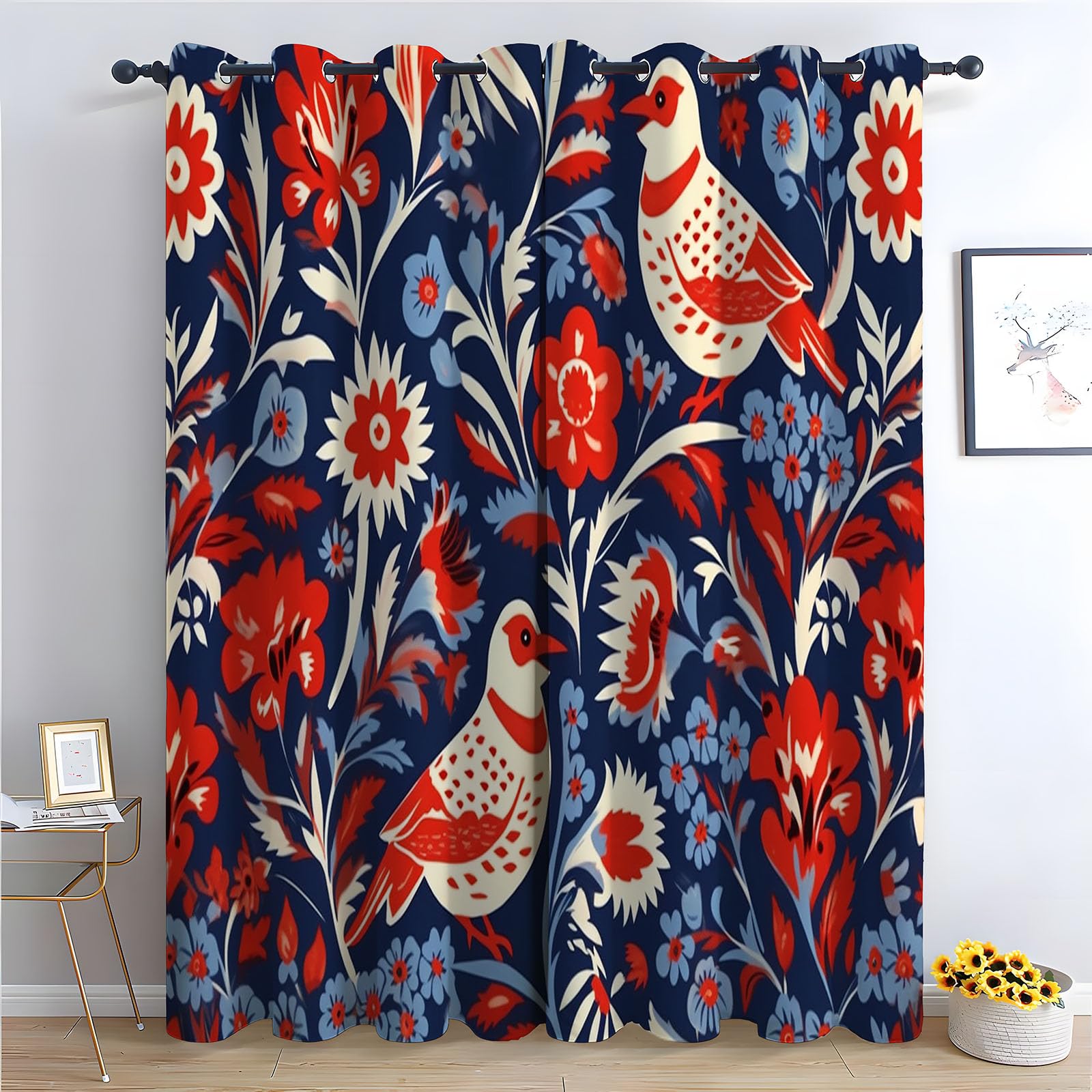 TERUEA Repellent Heavy Duty Weighted Fabric Curtains Folk floral two cute birds vintage Curtains Long Outdoor Scene-28 W x 63" L (Pack of 2)