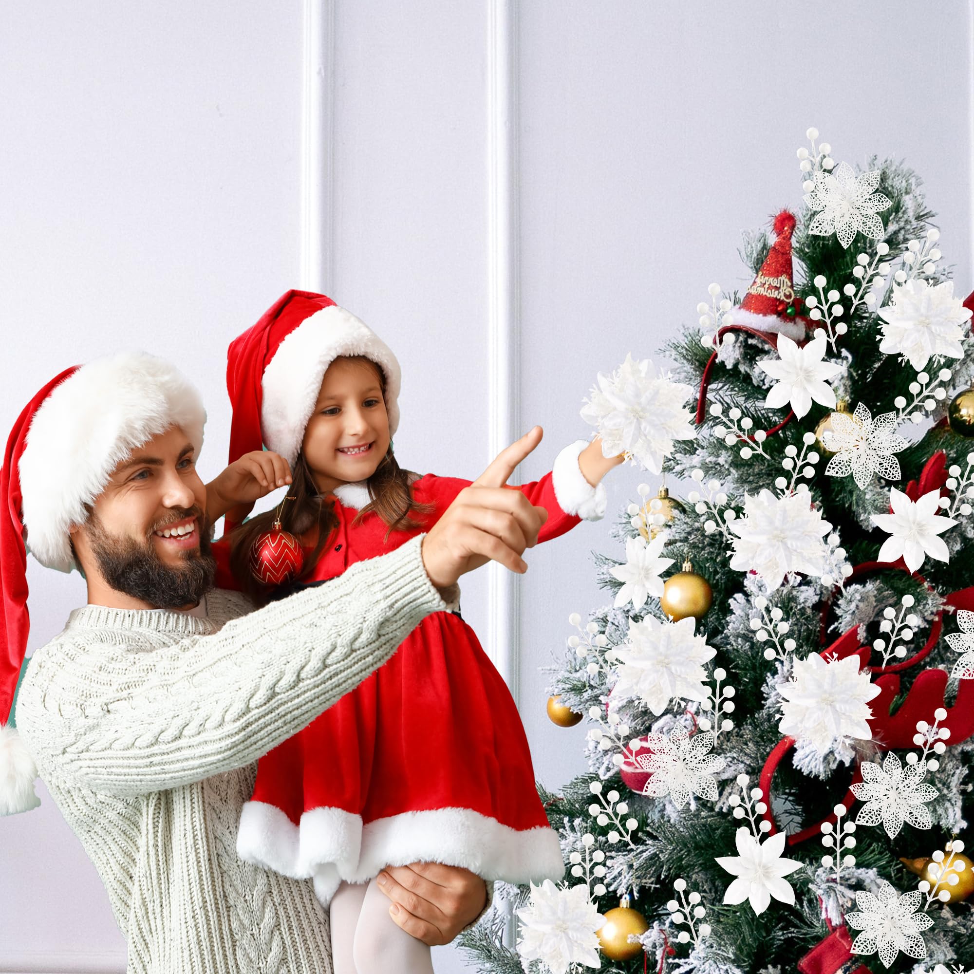 Sggvecsy 30 Stück 3 Stile Weihnachten Glitzer Weihnachtsstern Blumen Künstliche Beeren Picks Weihnachtsbaum Ornamente Künstliche Weihnachtsblumen mit Clips für Weihnachten Hochzeit Kranz