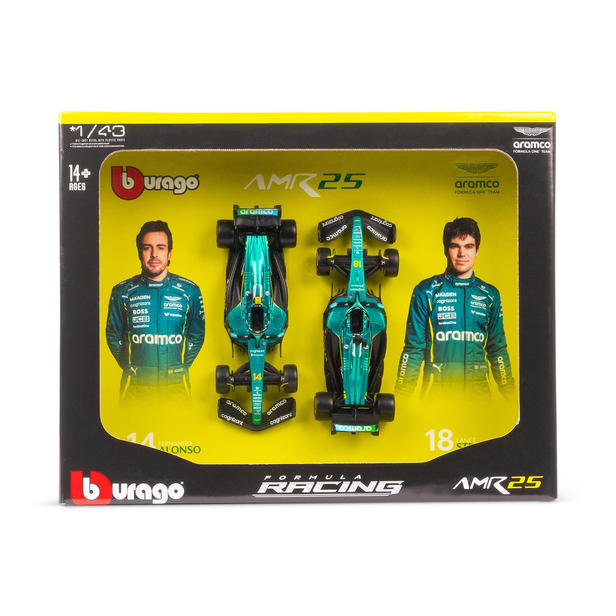 Bburago 1:43 Scale Aston Martin AMR25 F1 2025 – Fernando Alonso & Lance Stroll Team Two-Pack | Official Aston Martin Licensed Die-Cast Set | 2025 Formula 1 Collector's Set — image 1