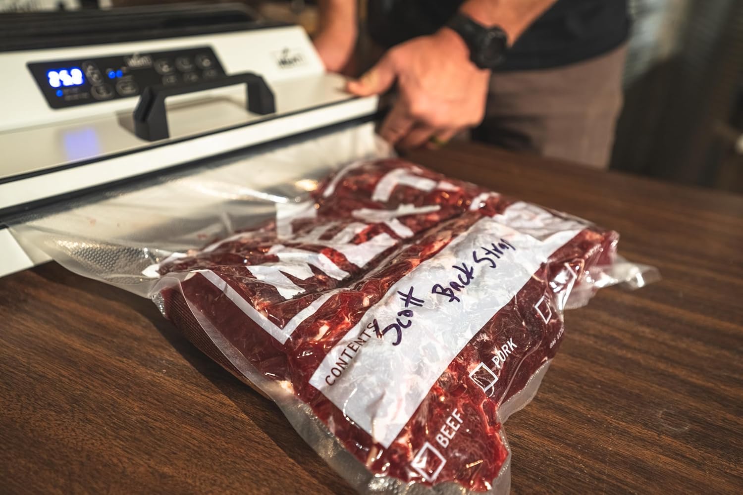MEAT! 16 Inch External Vacuum Sealer with a 16 Inch Sealing Strip, Bag Roll Storage, Bag Cutter, and LCD Display for Preserving Meat and Vegetables