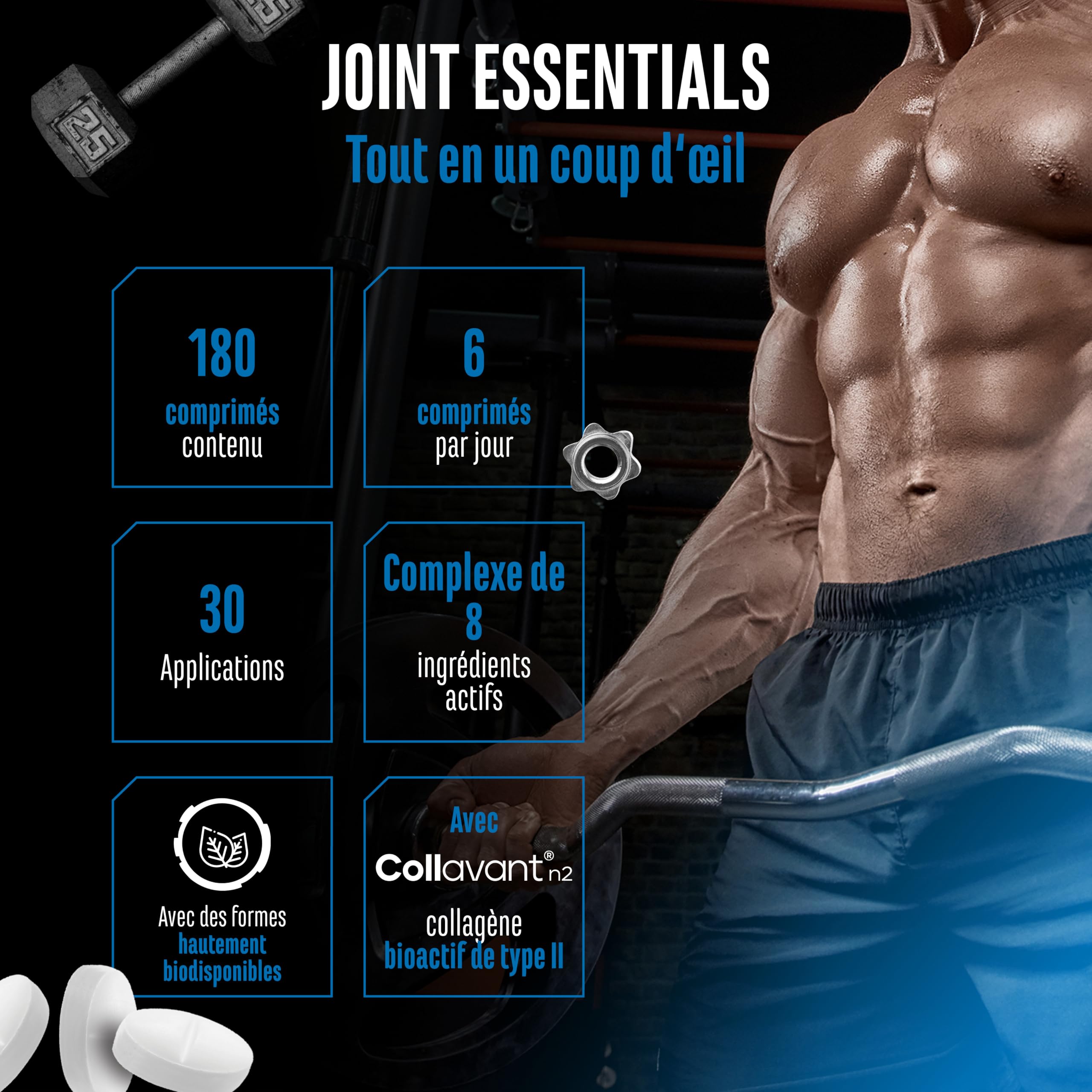 Joint Essentials – Complément Alimentaire pour les Articulations avec Collavant® N2 Collagène de Type II – Glucosamine + Chondroïtine + MSM + Acide Hyaluronique + Vitamine C – 180 Comprimés