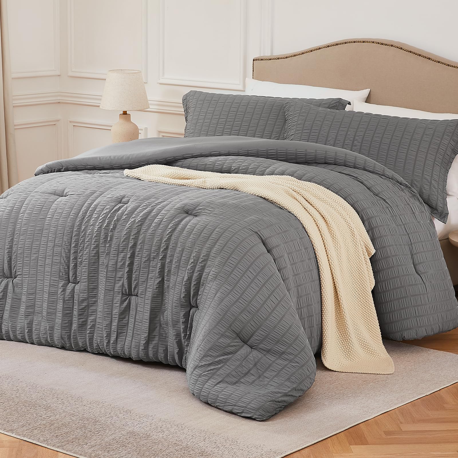 Quataly Grey King Comforter Set - 3 Pieces Seersucker Lightweight Bedding Comforter Sets (1 Soft Fluffy Comforter & 2 Pillowcases) - All Seasons Cozy