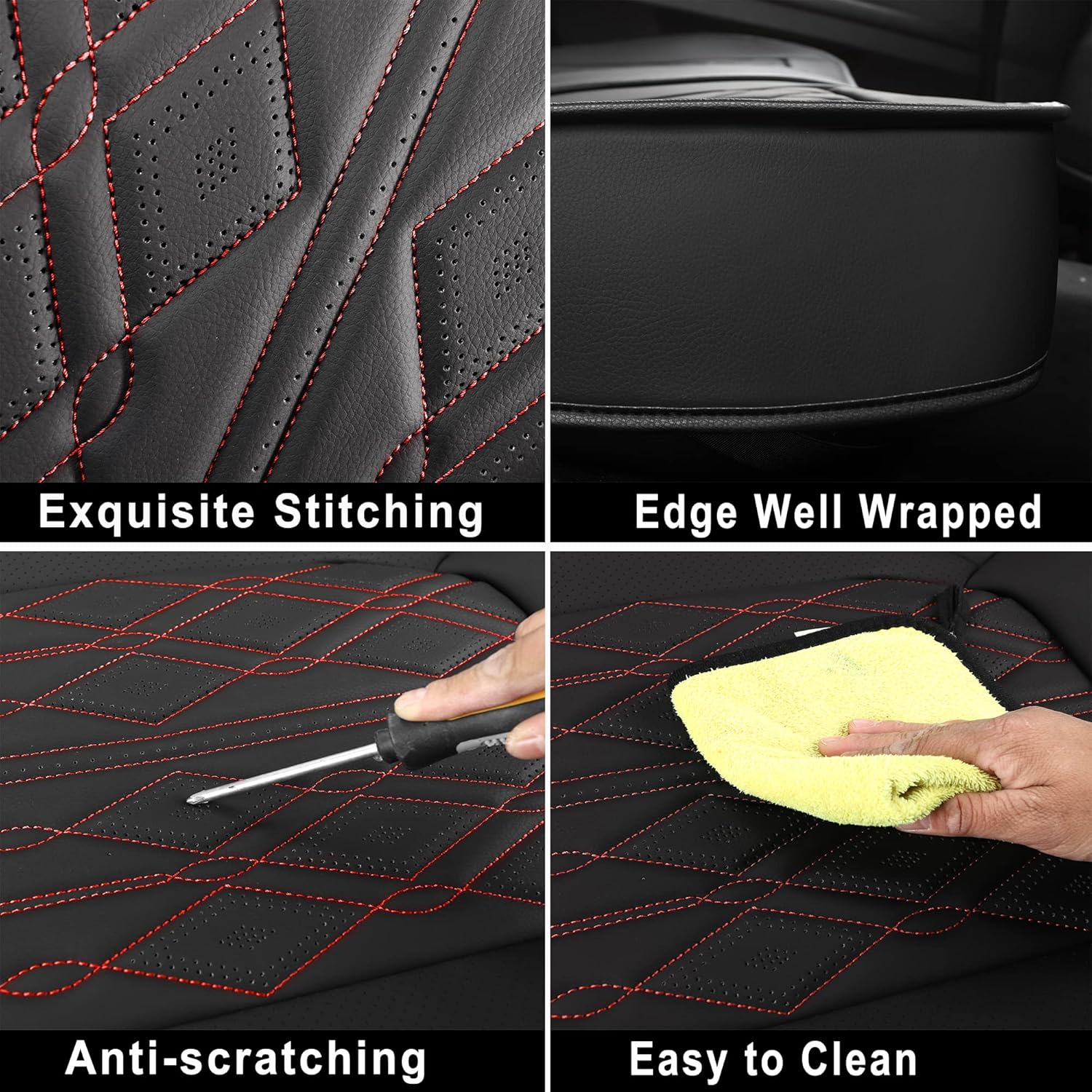 Huidasource Leather Back Row Seat Covers, Waterproof Rear Split Bench Car Seat Covers, Vehicle Seat Cushion Cover Protector Universal Fit for Most Cars Sedan SUV Pickup Truck(Back Row Black&Red)