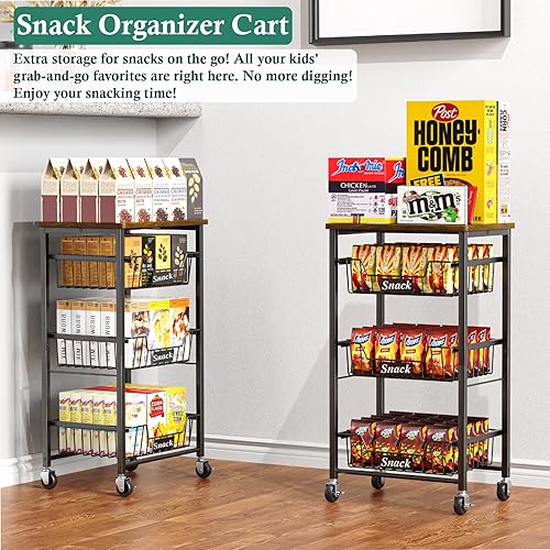 Miniatura 5 de 4-Tier Small Kitchen Storage Cart on Wheels, Metal Fruit Basket Stand with Pull-Out Baskets & Wood Top for Potato Onion Produce Snack Veggies