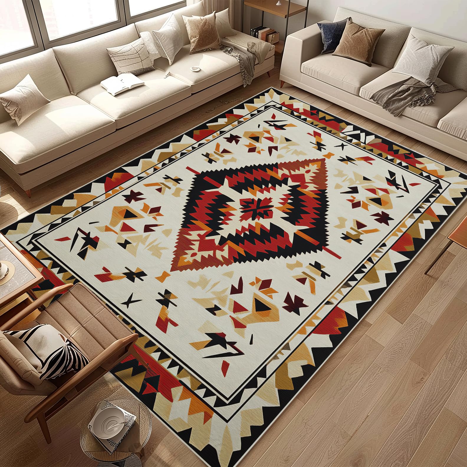 Western Area Rug 5x7 Southwestern Red Beige Large Carpet Washable Door Mat Low Pile Aztec Boho Indoor Outdoor Floor Rugs Soft Non Slip Rug for Living