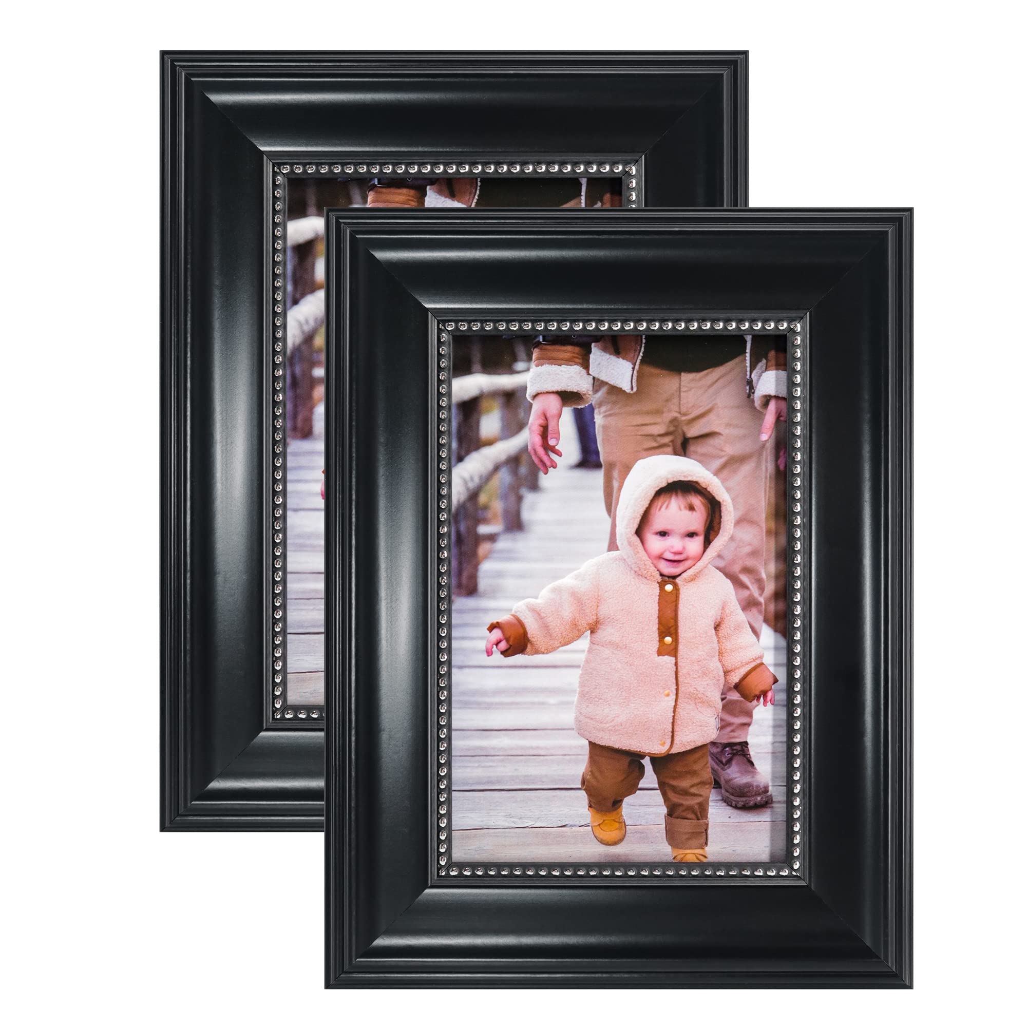 GraduationMall 4x6 Picture Frames, Real Glass, Display Photos for Wall or Tabletop, Black with Silver Beads, 2-Pack