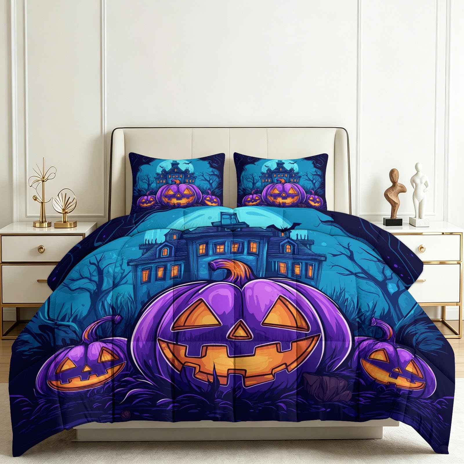 Piumino stampato, 200 x 200 cm, senza copripiumino, motivo zucche viola, case infestate, 4 stagioni, lavabile, morbido e caldo, trapuntino reversibile, motivo per letto matrimoniale e coppia, blu