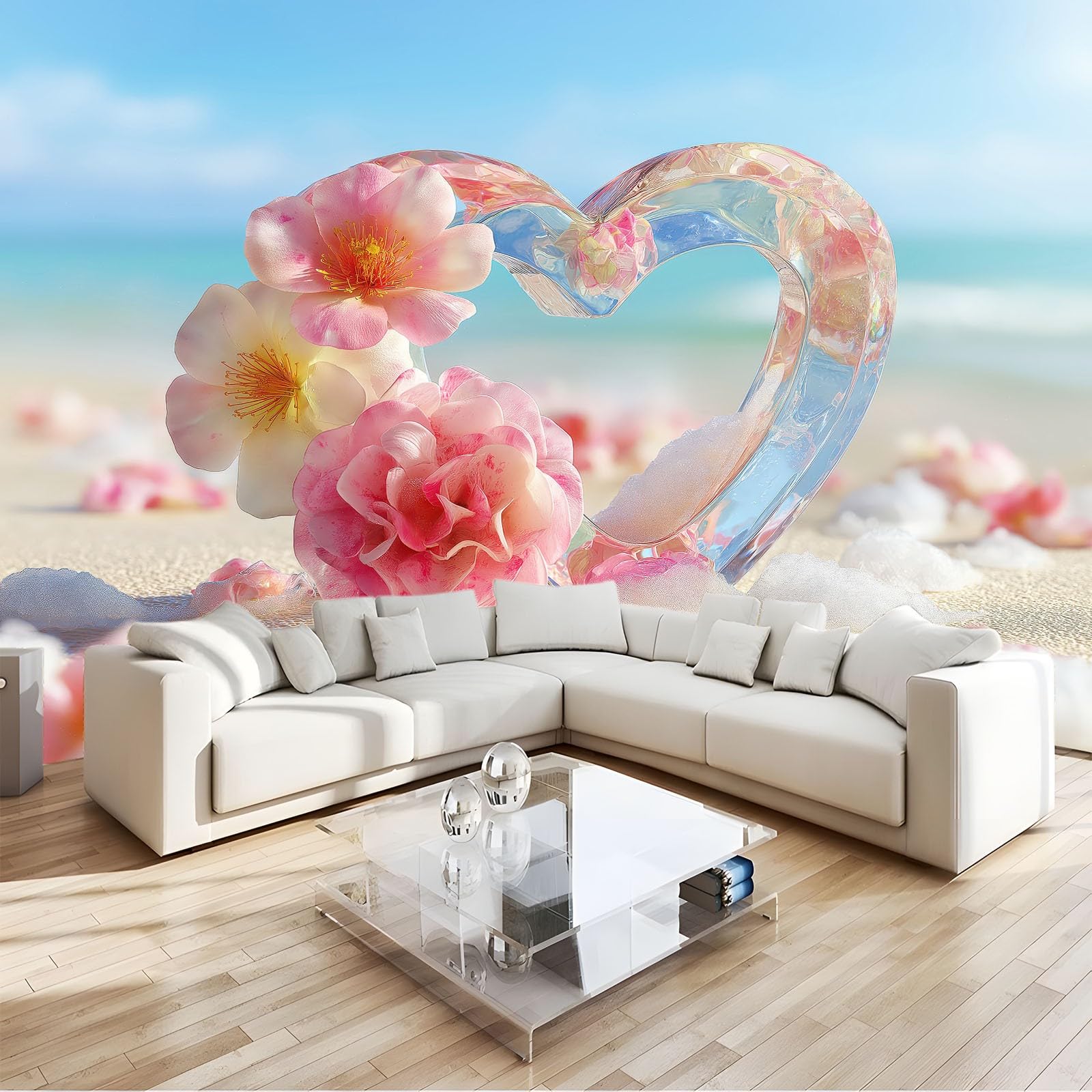 Générique Panoramiczna tapeta marzycielski ocean kwiaty serce 3D 300 x 210 cm, nowoczesna włóknina XXL dekoracja ścienna salon sypialnia biuro pokój dziecięcy, niebieska