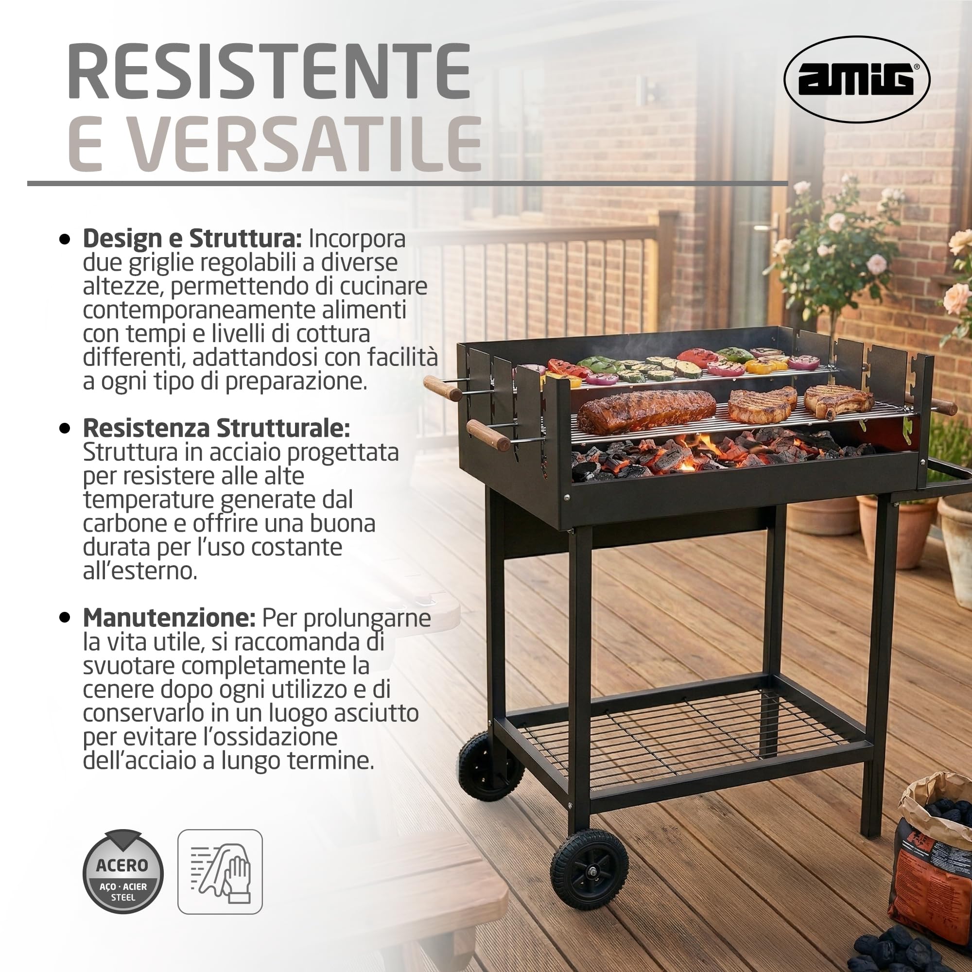 Amig - Barbecue a carbone - 94 x 51 x 93 cm - Nero - Realizzato in Acciaio - per giardino e patio con uso familiare e riunioni, con montaggio semplice, pulizia comoda e qualità costante. Mod. DRAKEN