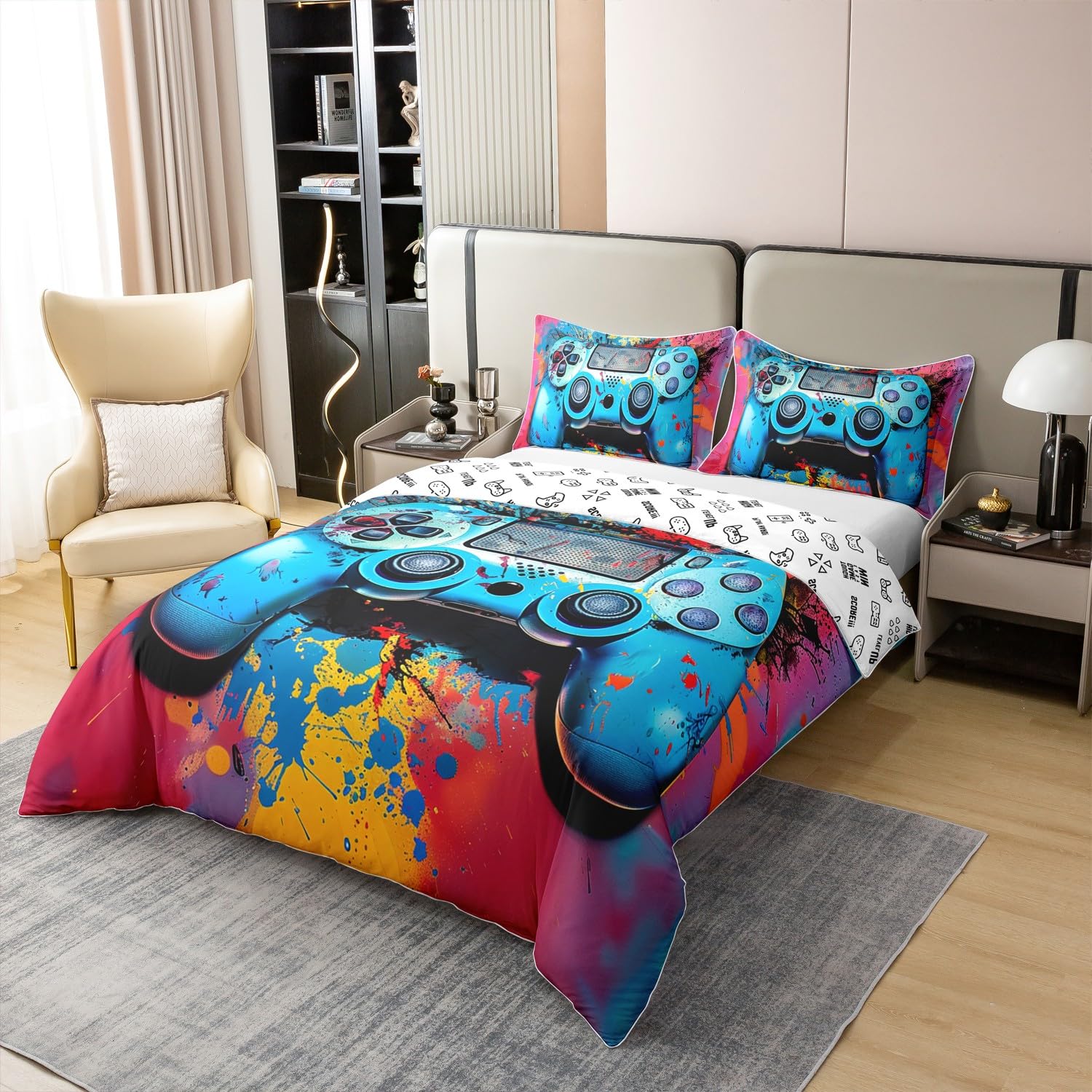 Homemissing Kids Gamer Duvet Cover 100% Cotton Game Controller Bedding Set Double Girls Bedroom Decor Gaming Gifts Comforter Cover Set Gamepad Colorful Bedspread Cover With 2 Pillow Case No Comforter - Image 3