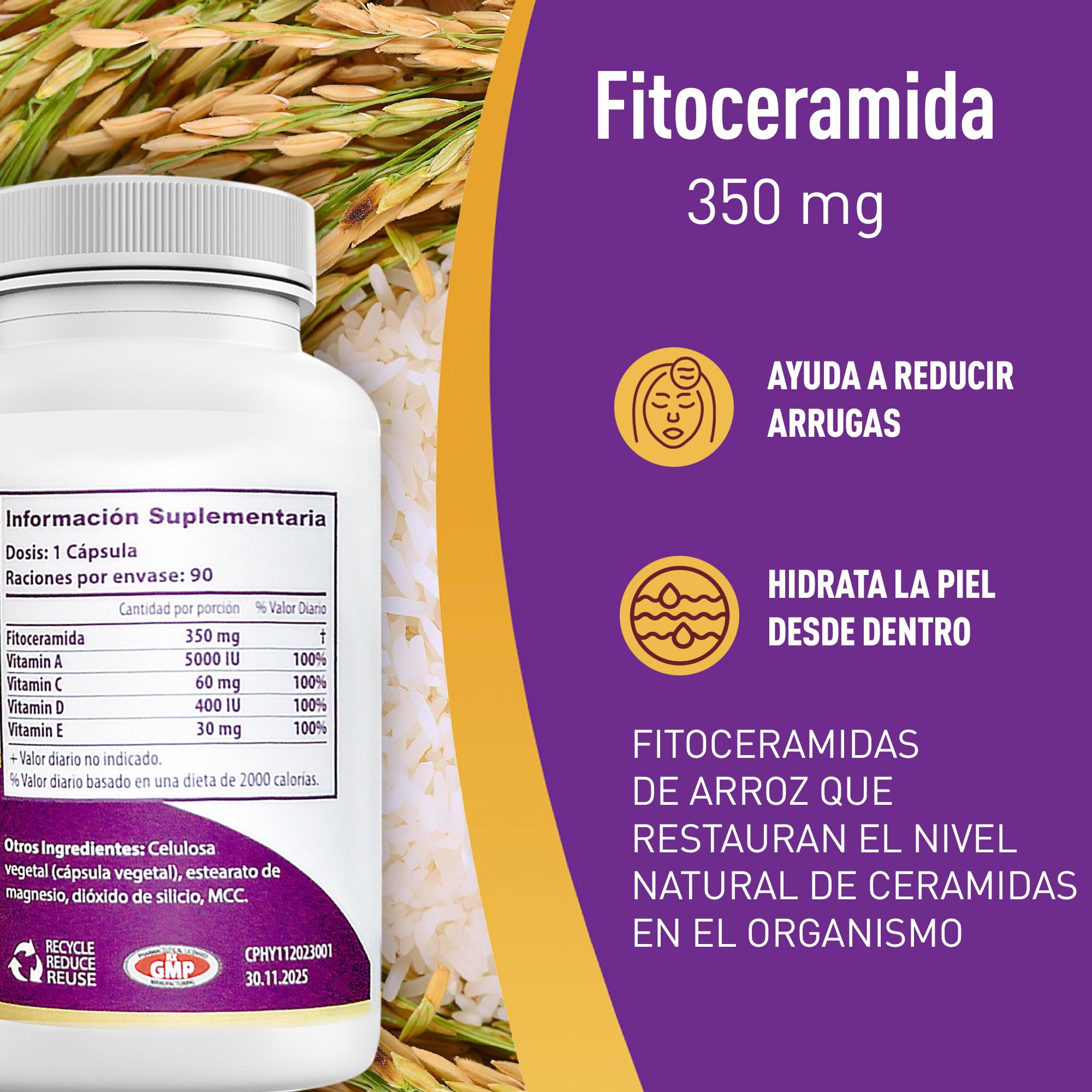 Fitoceramida 350 mg, 90 cápsulas de ceramida de arroz, ayuda a reducir las arrugas e hidratar la piel desde el interior. 100% natural, libre de OGM, sin gluten