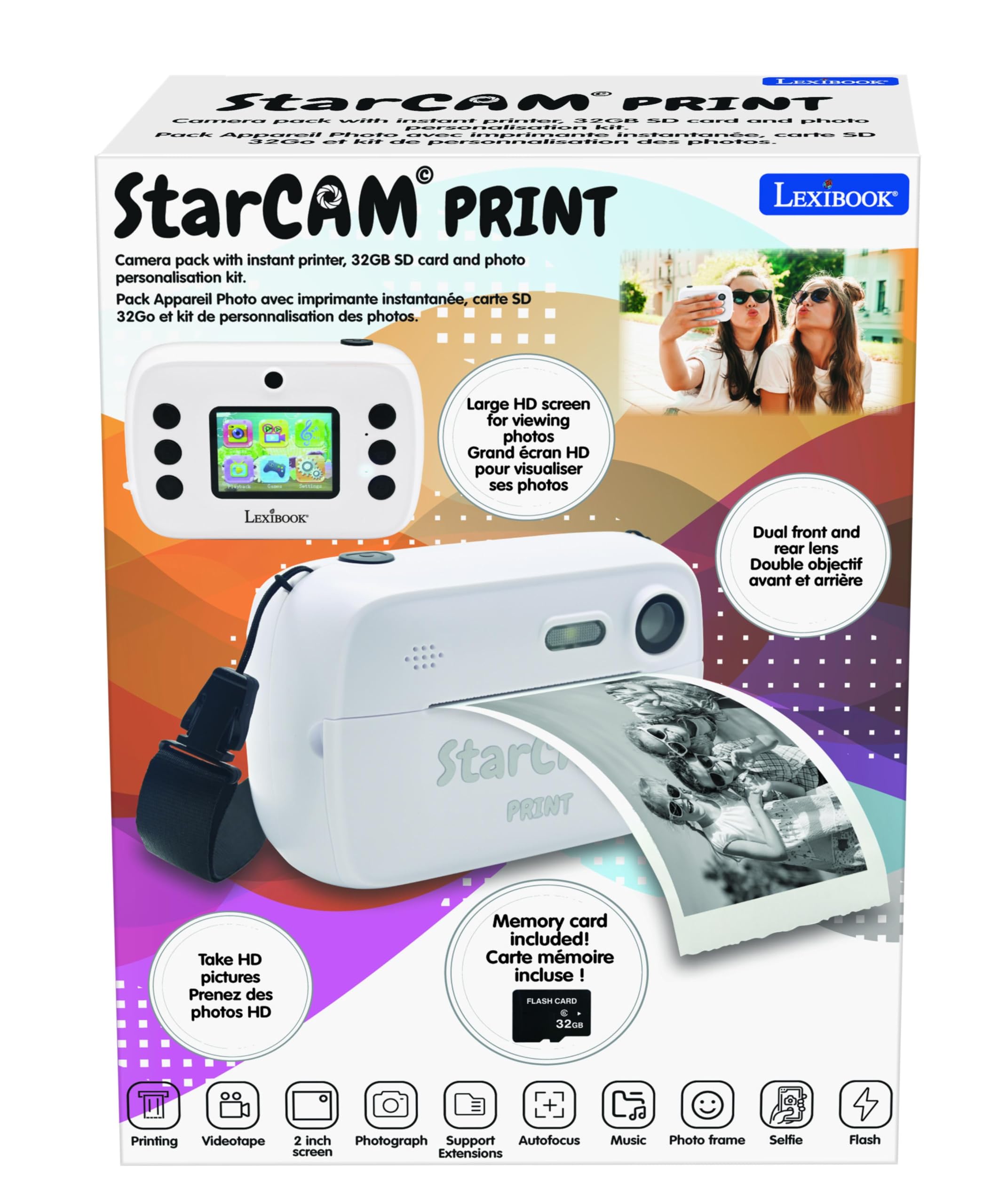 Lexibook StarCAM Print, Confezione di fotocamera con stampante istantanea, funzione foto e video, scheda SD da 32 GB e kit di personalizzazione foto inclusi, DJ150LXB