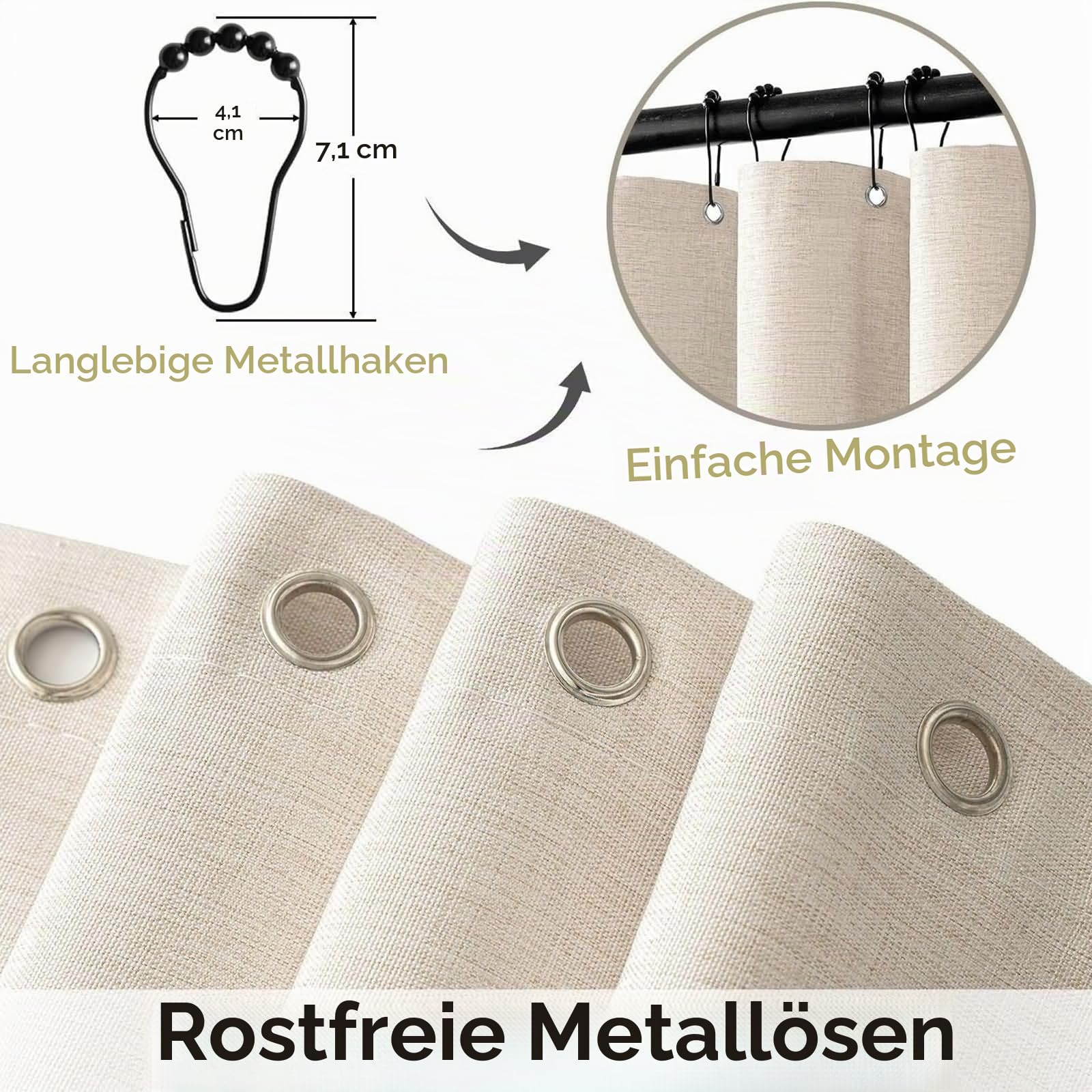 Duschvorhang 180x200cm Polyester Schimmelresistent mit 12 Ringen | Einfarbig Beige mit Schwarz Welle,Wasserabweisende Textilien,Rostfreie Ösen,Blickdicht für Bad Wanne Hotel Ferienwohnung