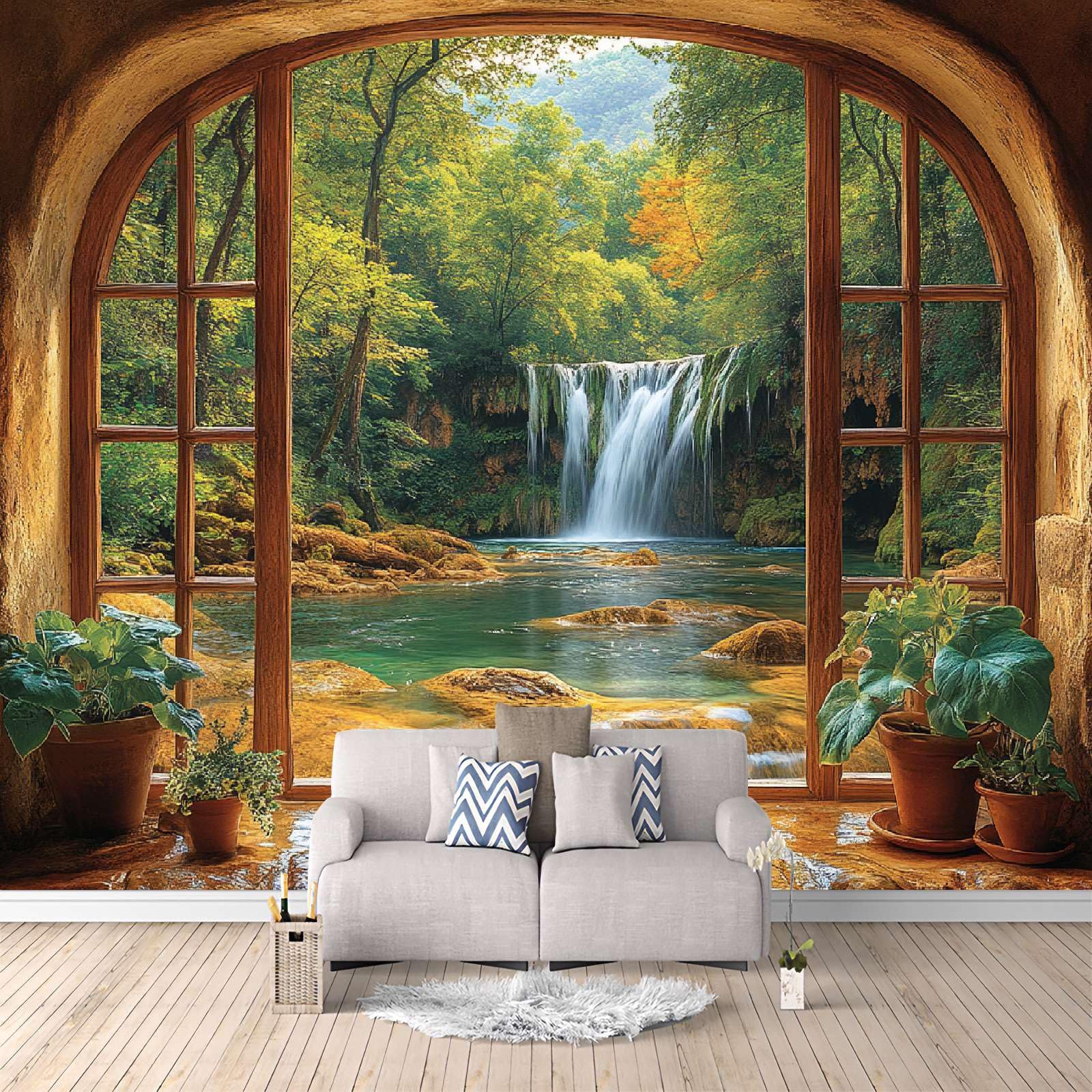 Foto Mural Ventana Paisaje Bosque Cascada Fotomural, Murales Decorativos Pared, Fotomurales 3D Papel Tapiz Fotográfico Mate‌ Papel Pintado Pared Dormitorio Para Salon Habitación infantil 350x256 cm