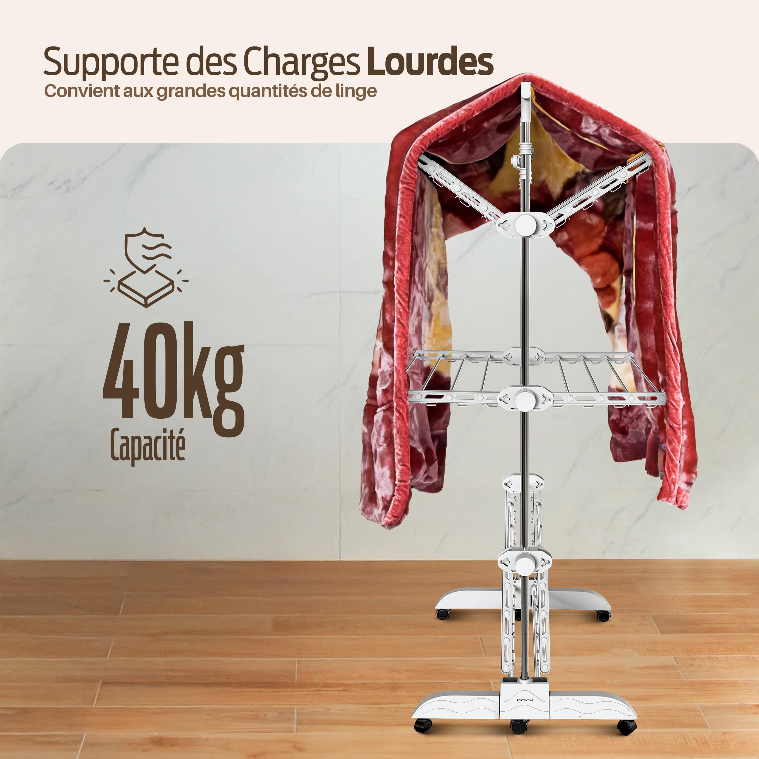 PORTENTUM Etendoir Linge Interieur et Exterieur Pliable 14 cm – 5 Niveaux et 58 Crochets pour cintres – Jusqu’à 40 kg – Séche 24 Barres INOX – Intérieur et extérieur – roulettes pivotantes avec Frein