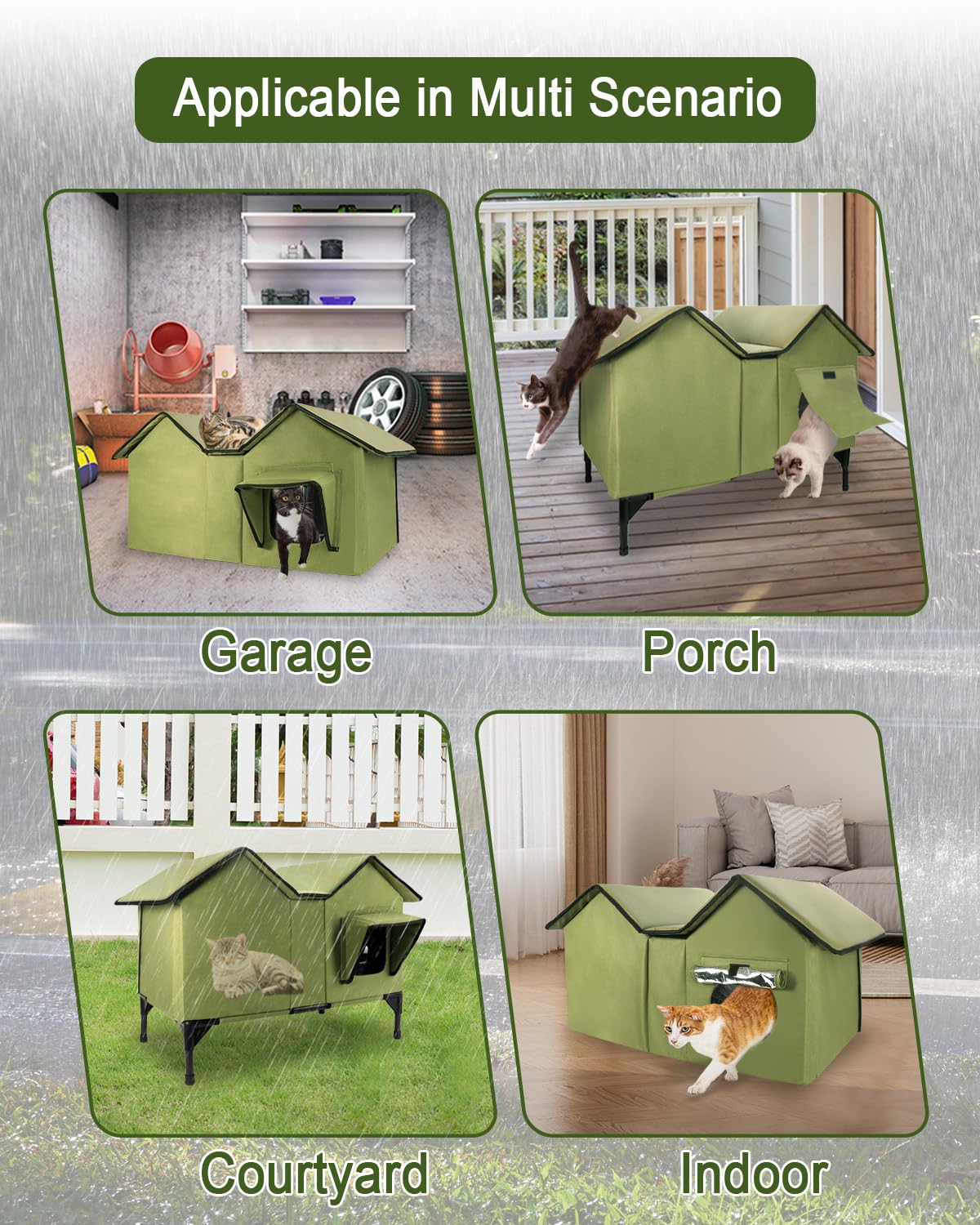 Katzenhaus im Freien, Extra Große wasserdichte isolierte Katzenkennel mit erhöhter Basis, Winterhaus für Indoor-Katzen und kleine Hunde im Freien, Wilde Katzenschutz für mehrere Katzen, Grün