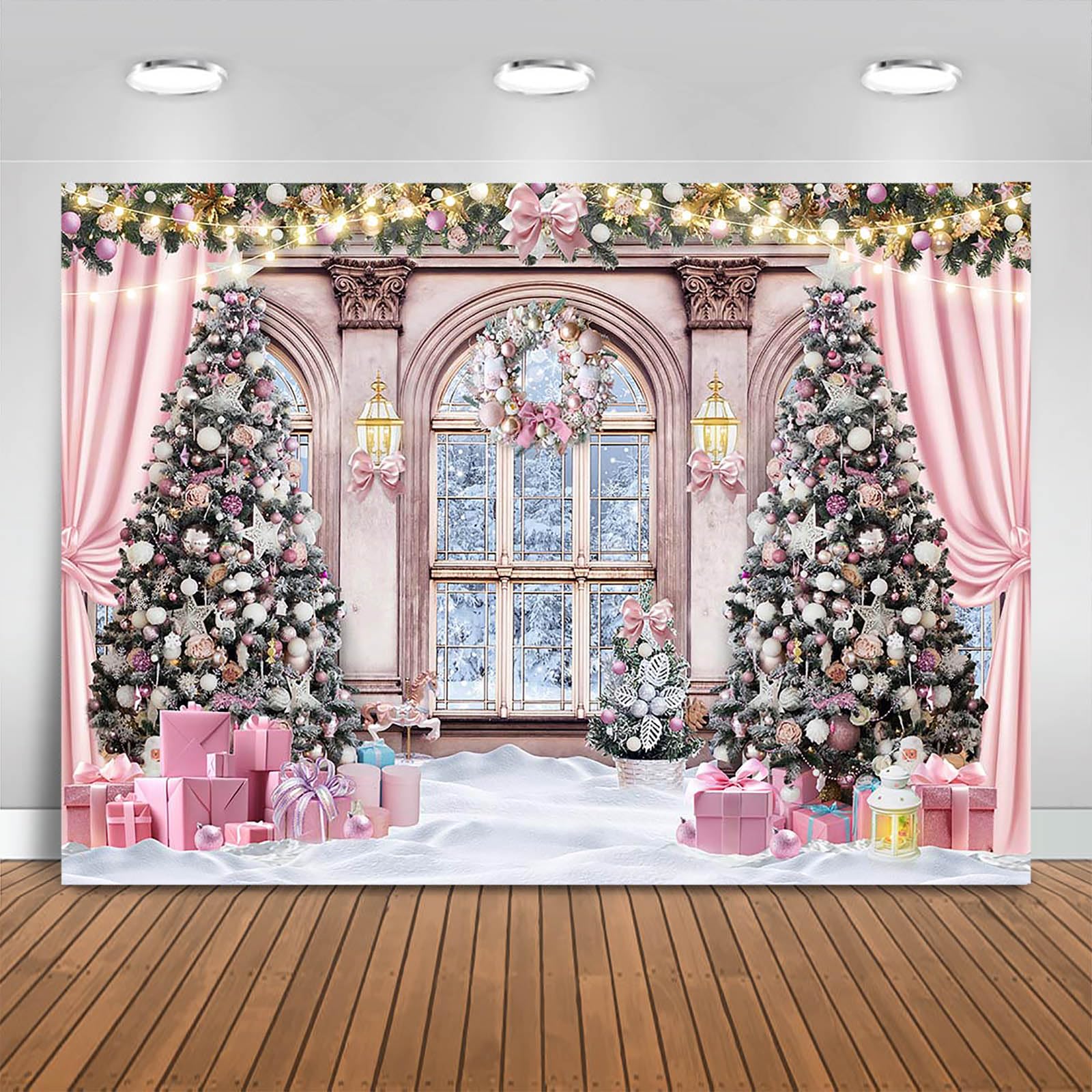 Fitumiw Christmas Backdrop for Photography 10x7ft Christmas Window Snowy Winter Scenery Photography Background Pink Curtain Snowy Forest Outside The