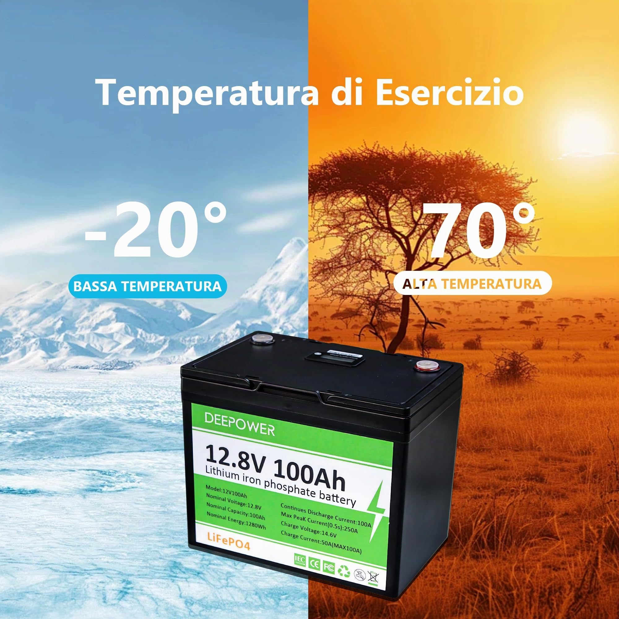 12V100Ah LiFePO4 Batteria con LED Indicatori, 15000 Cicli Profondi, 100A BMS, Celle di Grado A, 1280Wh Energia, per Camper, Campeggio, Sistema solare, Barca, Off-Grid (12V 100Ah LED)