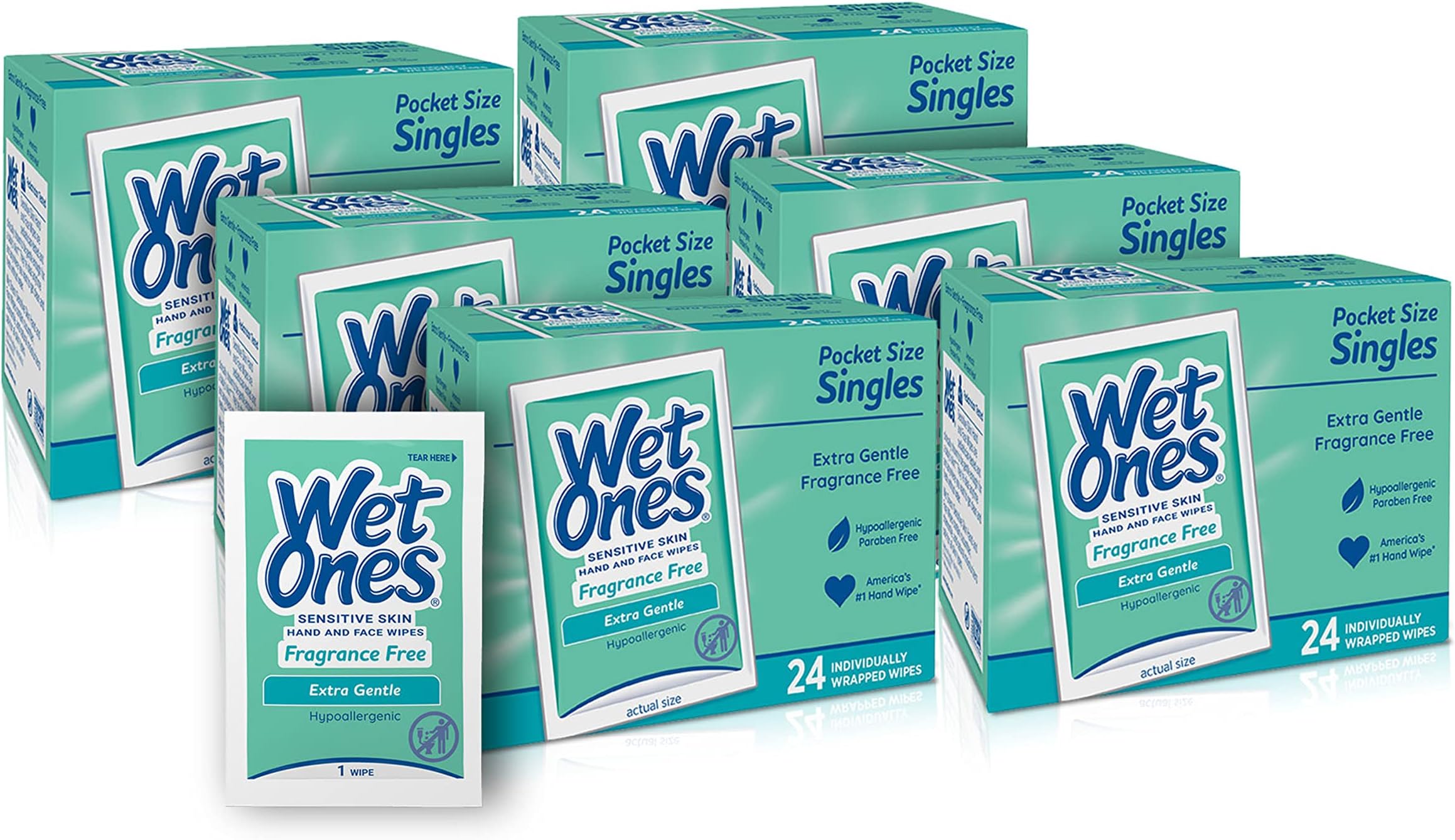 Wet Ones Sensitive Skin Hand and Face Wipes, Unscented, 24 Individually Wrapped Wipes (Pack of 6), Packaging May Vary