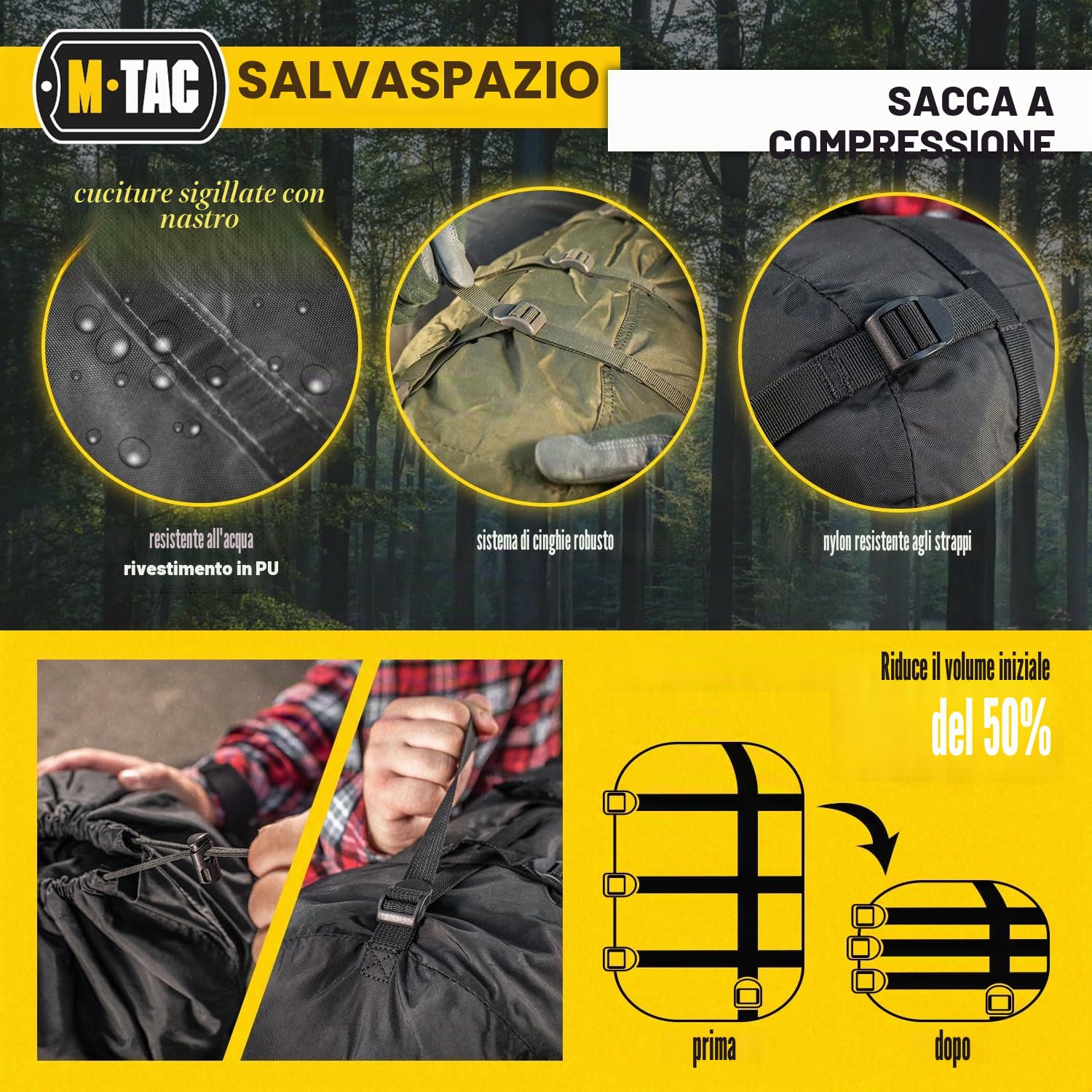 M-Tac Sacco a pelo a compressione, militare, impermeabile, leggero, in nylon, per viaggi, campeggio, escursionismo, attività all'aperto, 12 litri, taglia M